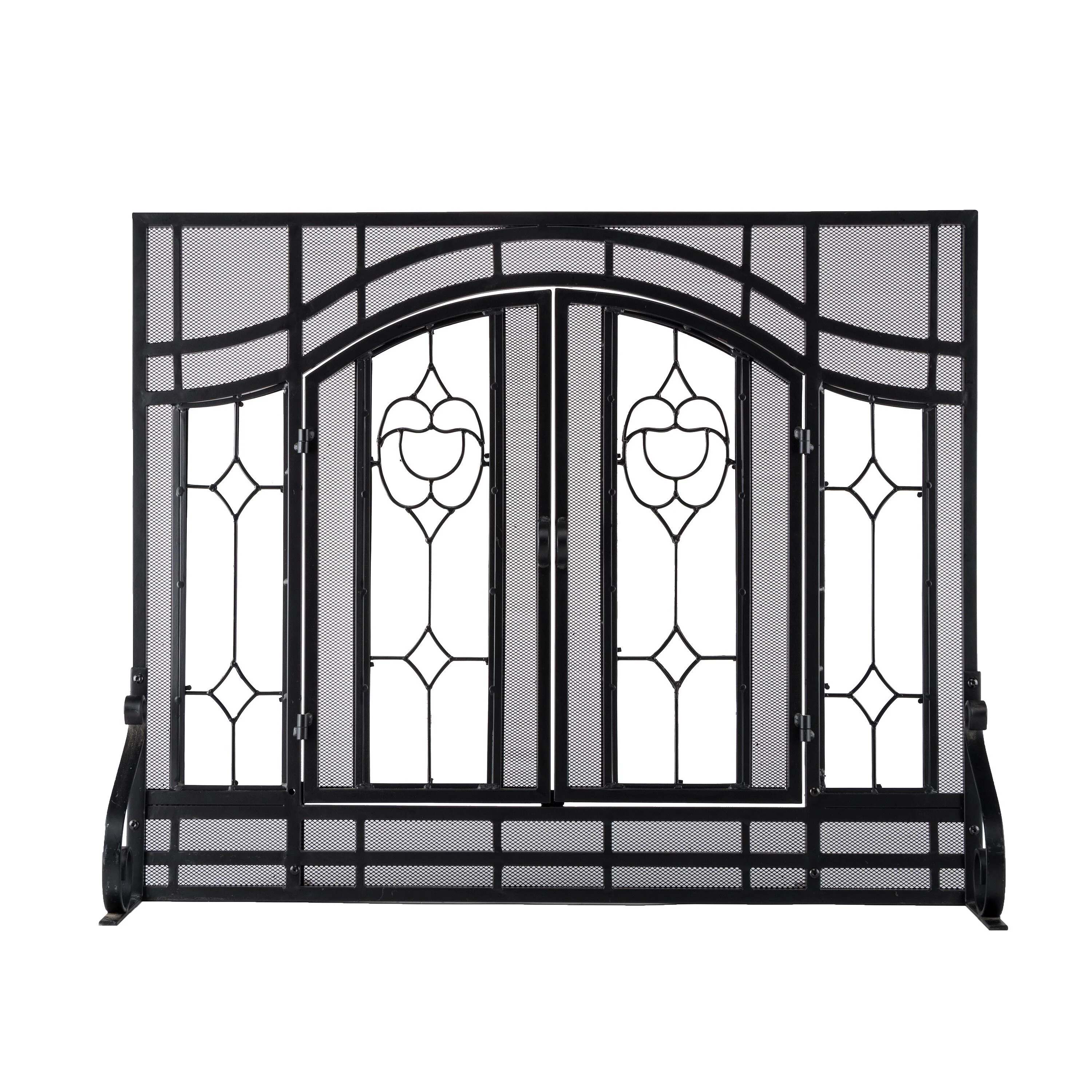 Small Two-Door Fireplace Screen with Glass Floral Panels - Image 2