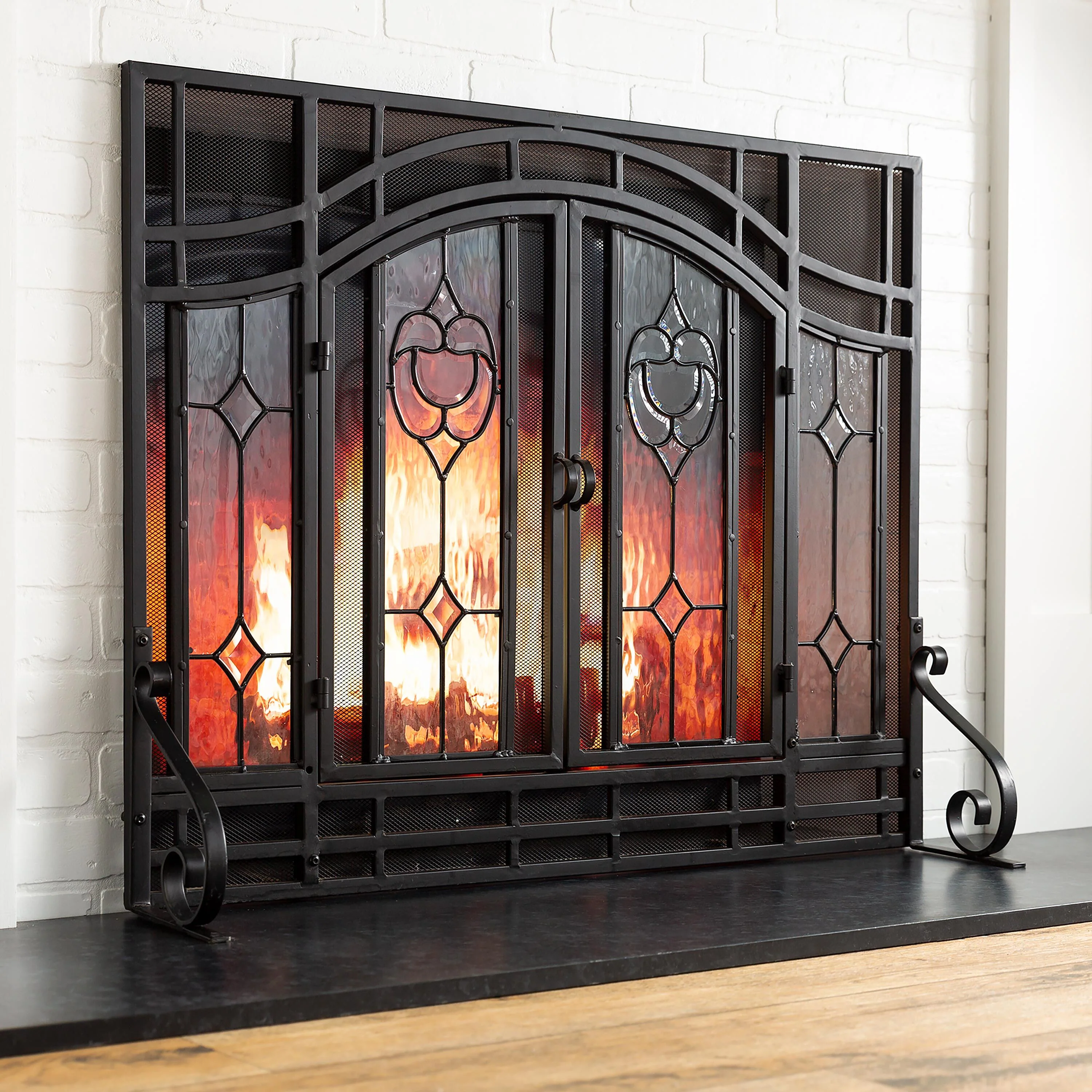 Small Two-Door Fireplace Screen with Glass Floral Panels - Image 4