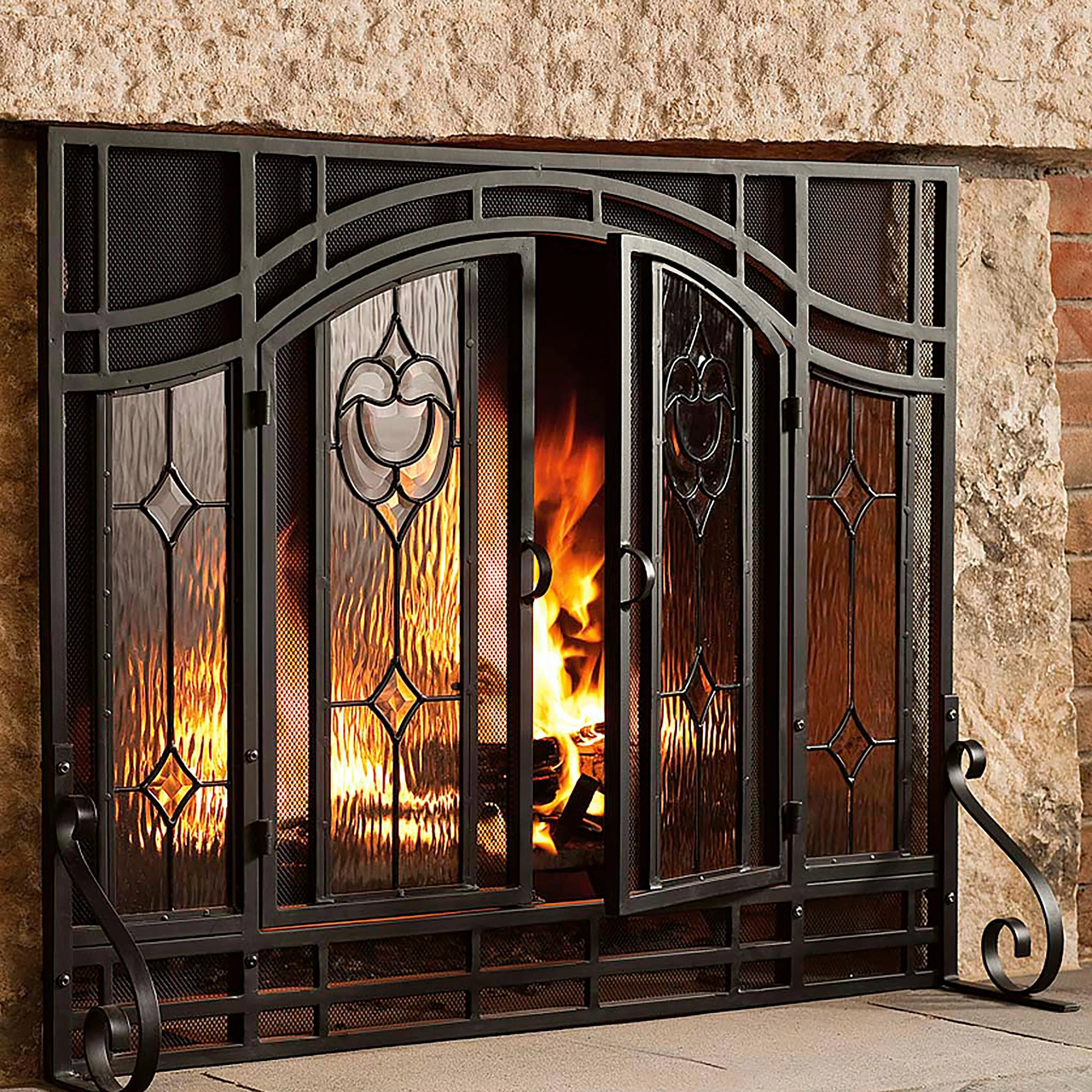 Small Two-Door Fireplace Screen with Glass Floral Panels - Image 7