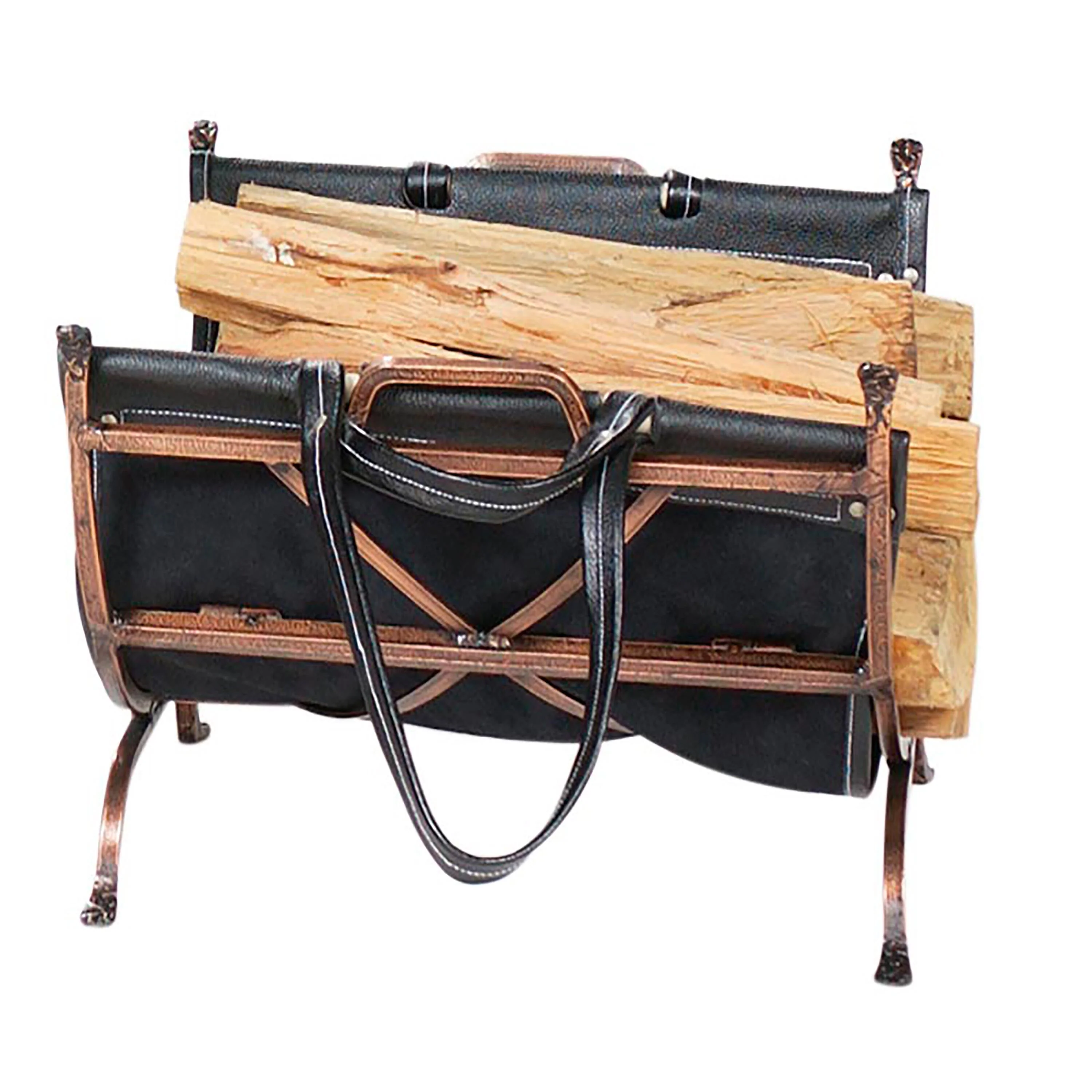 Antique Copper Wrought Iron Log Holder With Leather Log Carrier