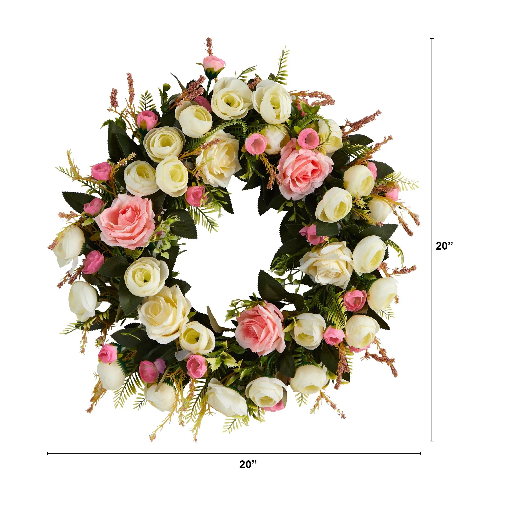 White & Pink Rose Artificial Wreath, 20” - Image 5