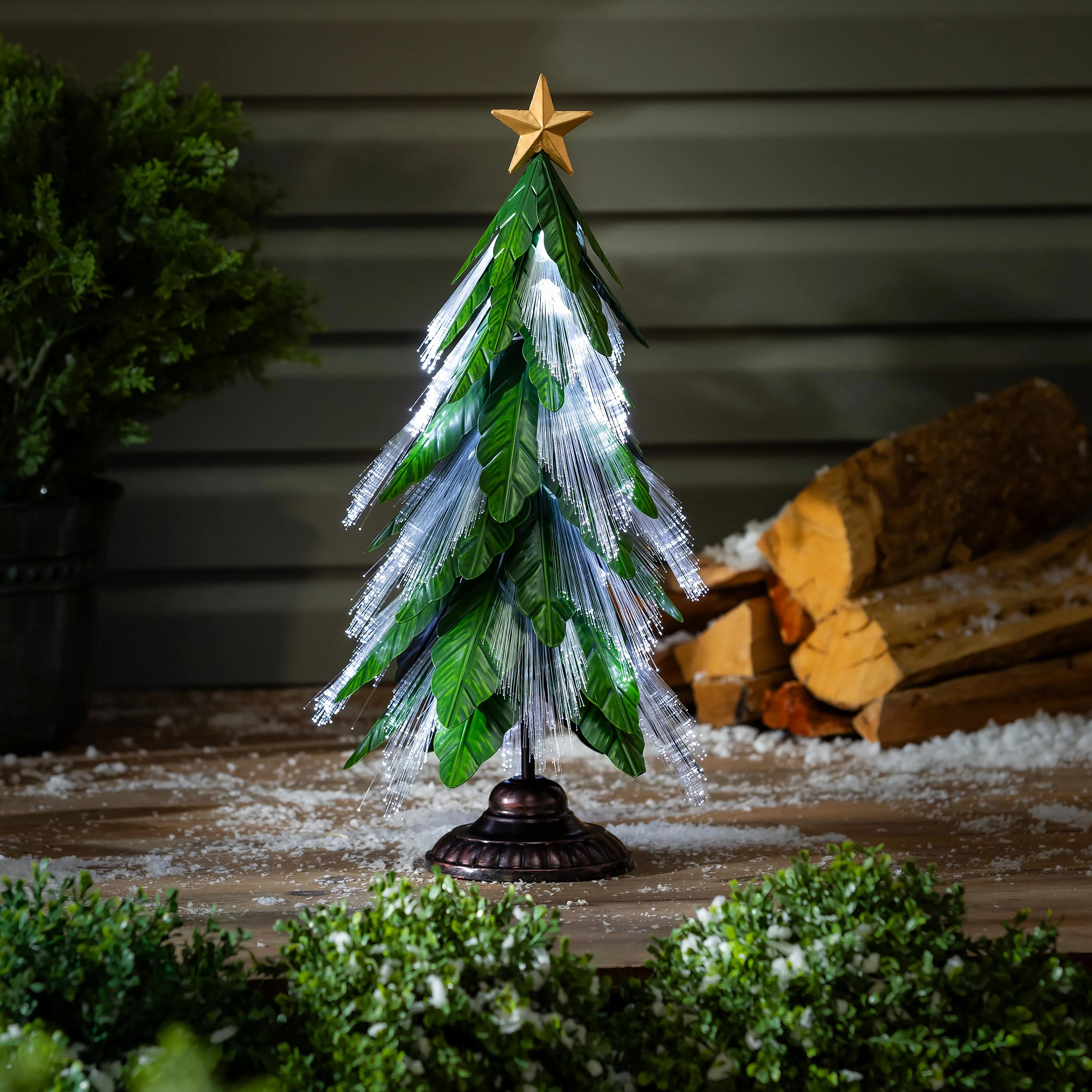 Shades of Green Garden Statue, Metal Fiber Optic LED Statue, Evergreen Tree, 23"H