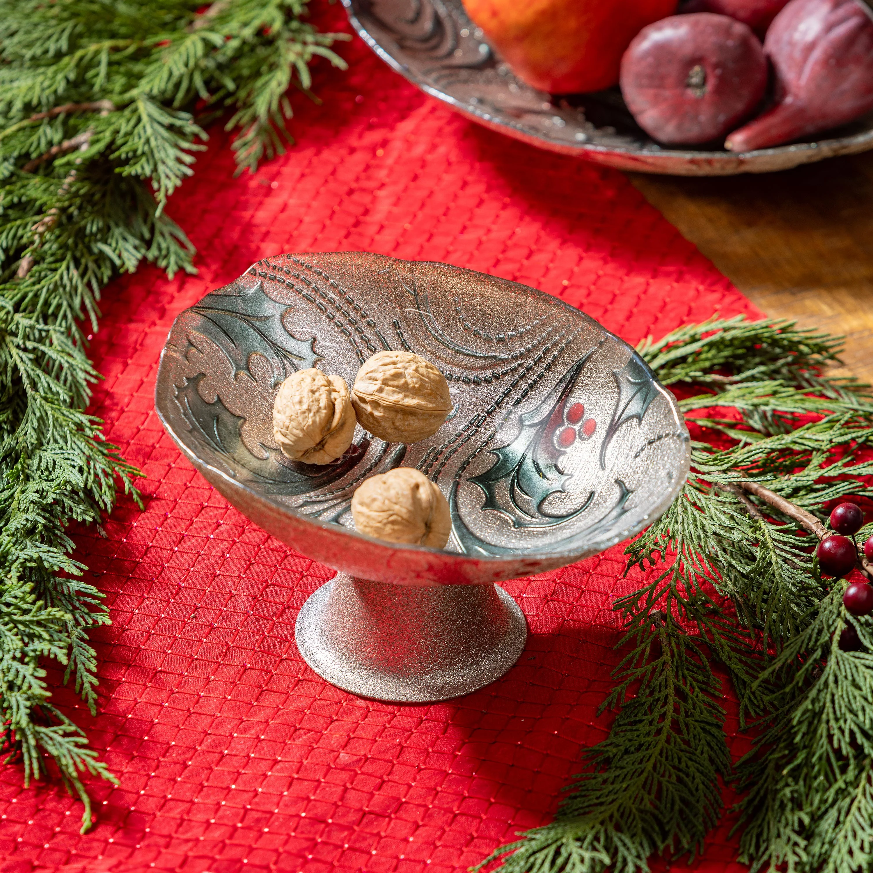 Joyful Traditions Bowl Glass Holly and Berries Footed Bowl, 8.25"L