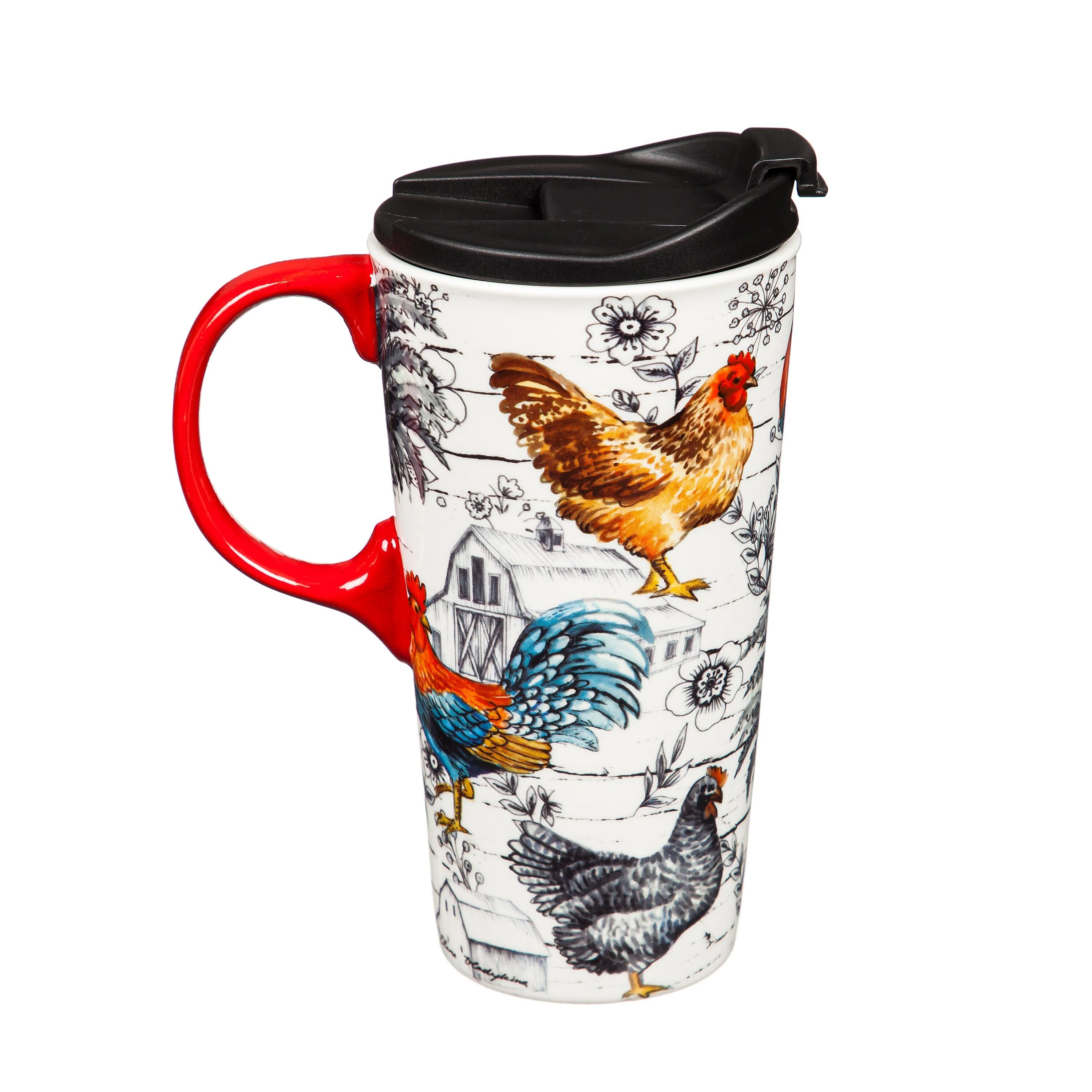 Hillside Pasture Travel Cup Ceramic Perfect Cup, Chicken Collage, 17oz, Gift Box
