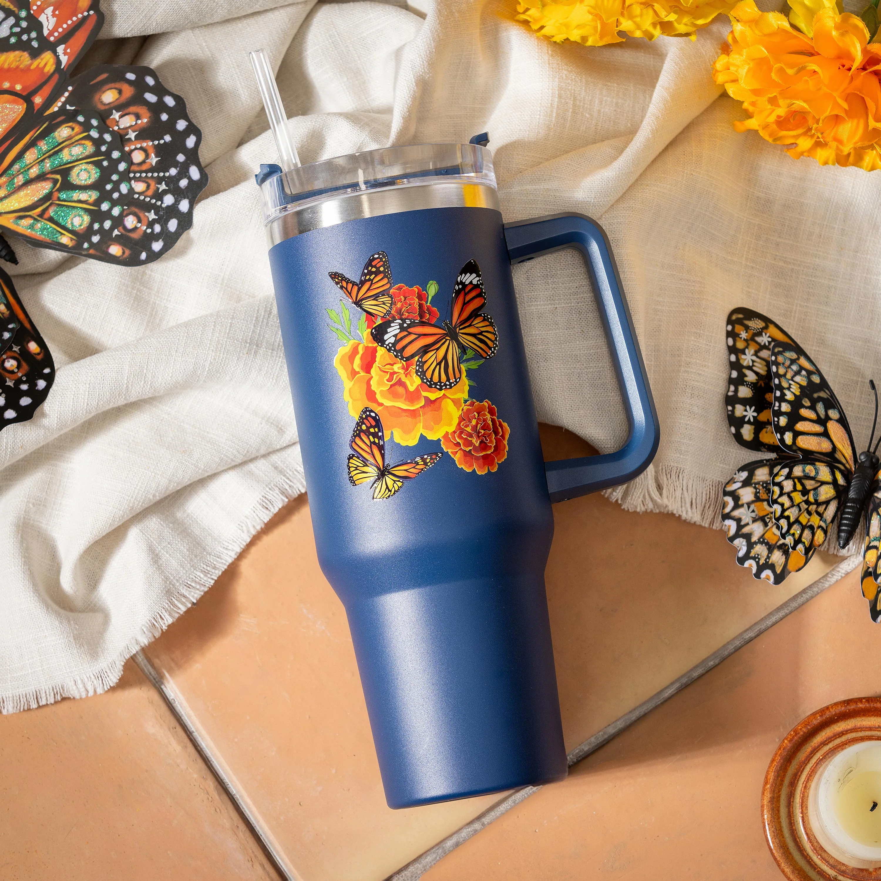 Harvest Blossom Mariposa Melody Monarch Canyon Cup, Double Wall Stainless Steel w/ Straw, 40oz, Gift Box