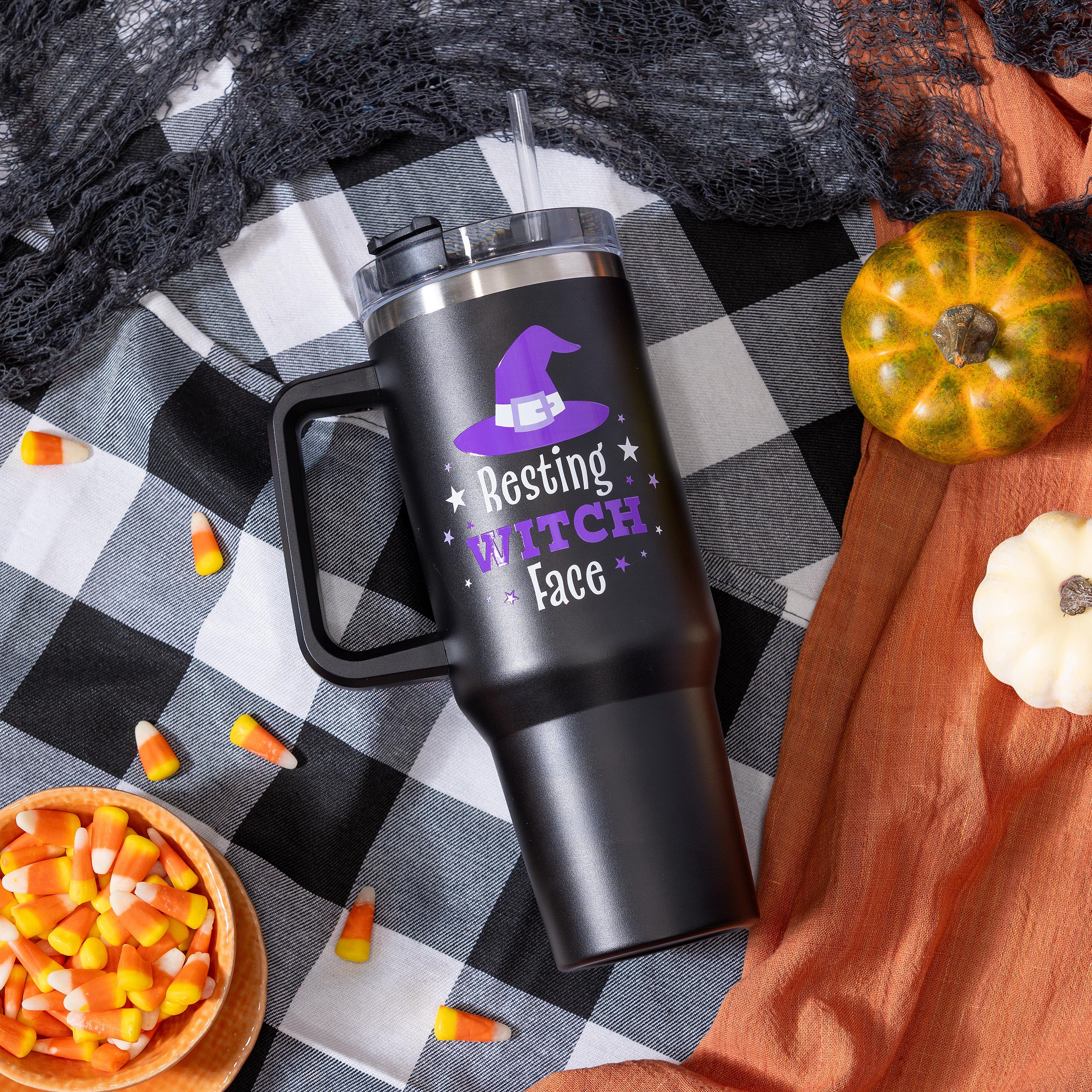 Haunted House Resting Witch Face Canyon Cup, Double Wall Stainless Steel w/ Straw, 40oz, Gift Box