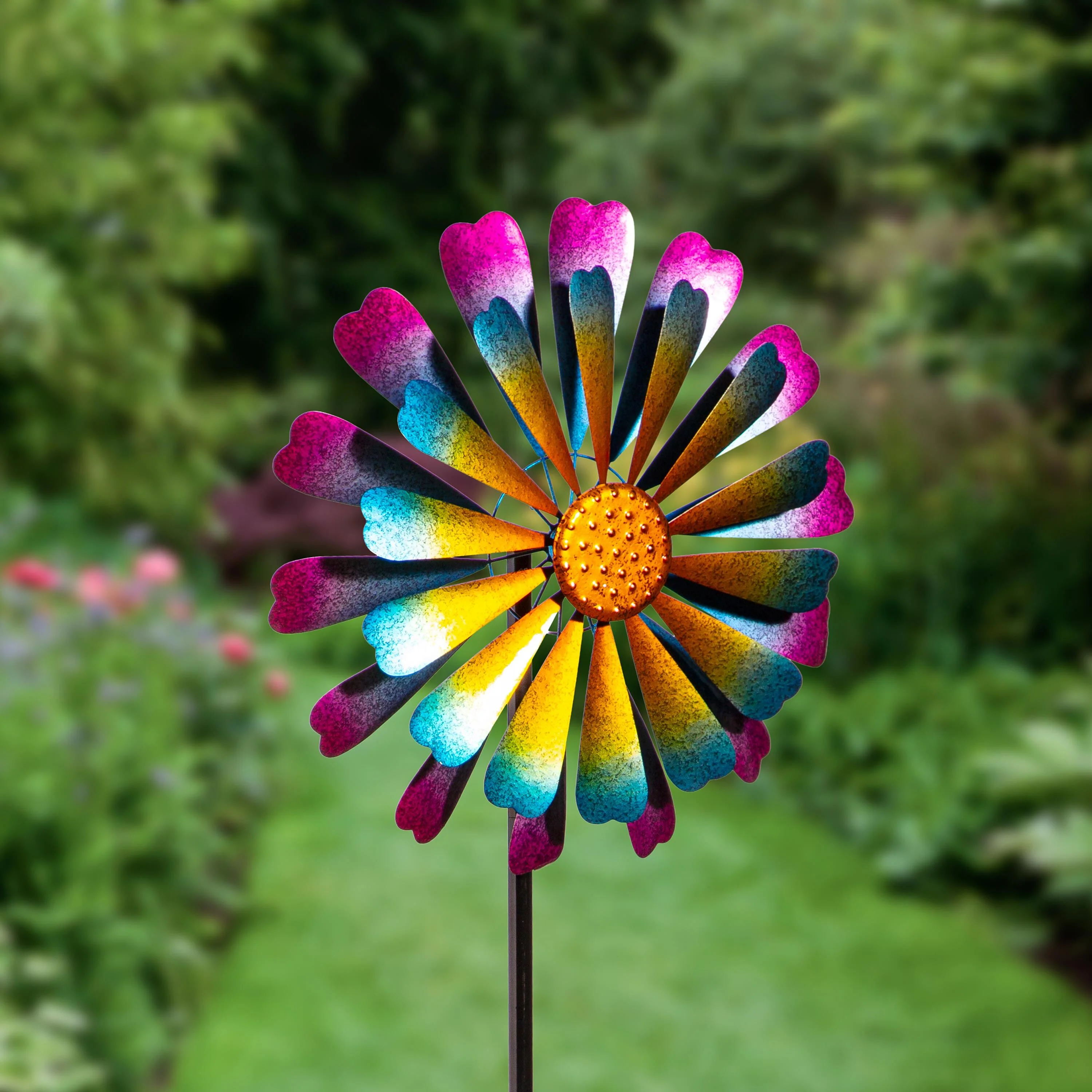 Metal Wind Spinner, 2 Layer Flower, 75"H - Image 2