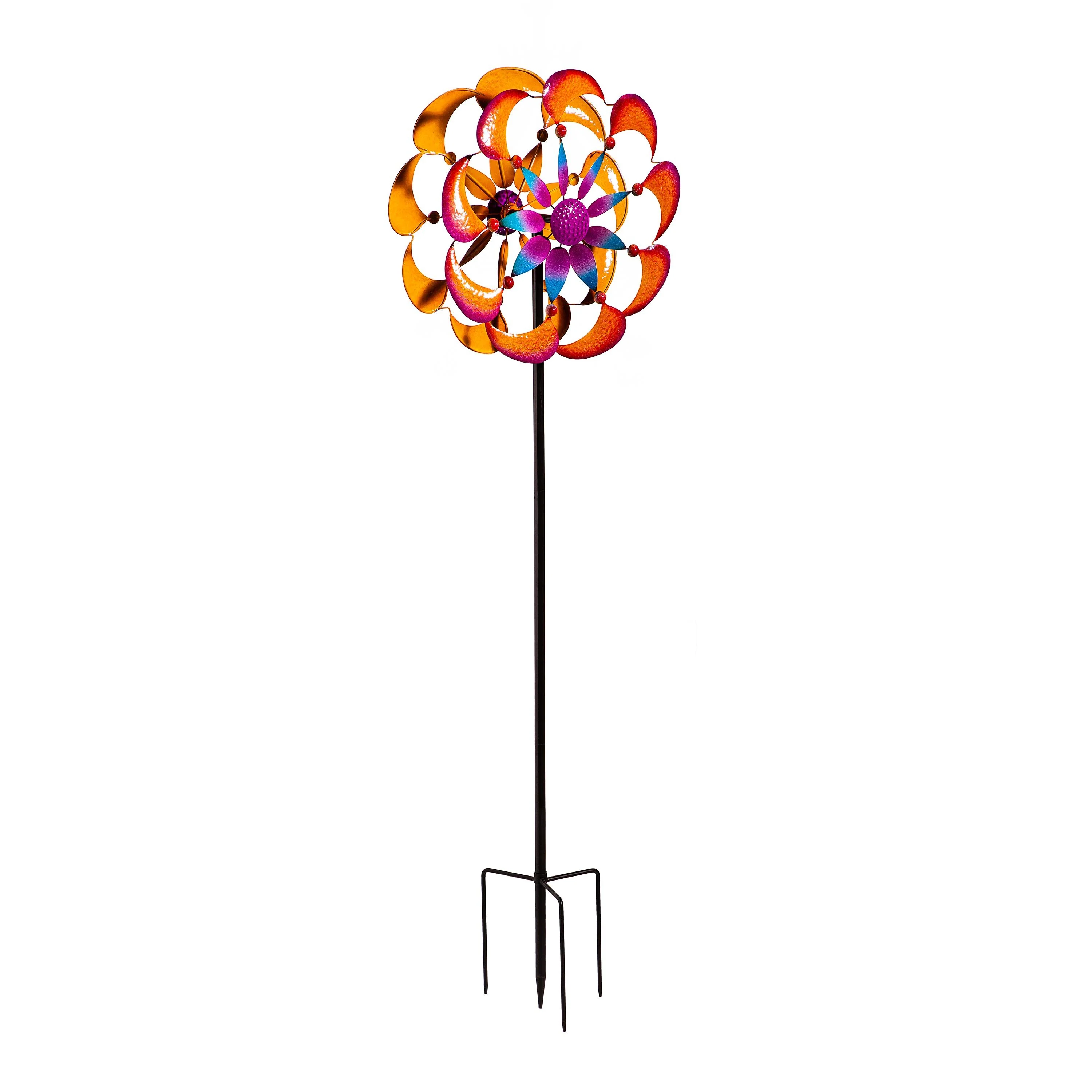 Metal Wind Spinner, Purple & Orange Disc Flower, 75"H - Image 2