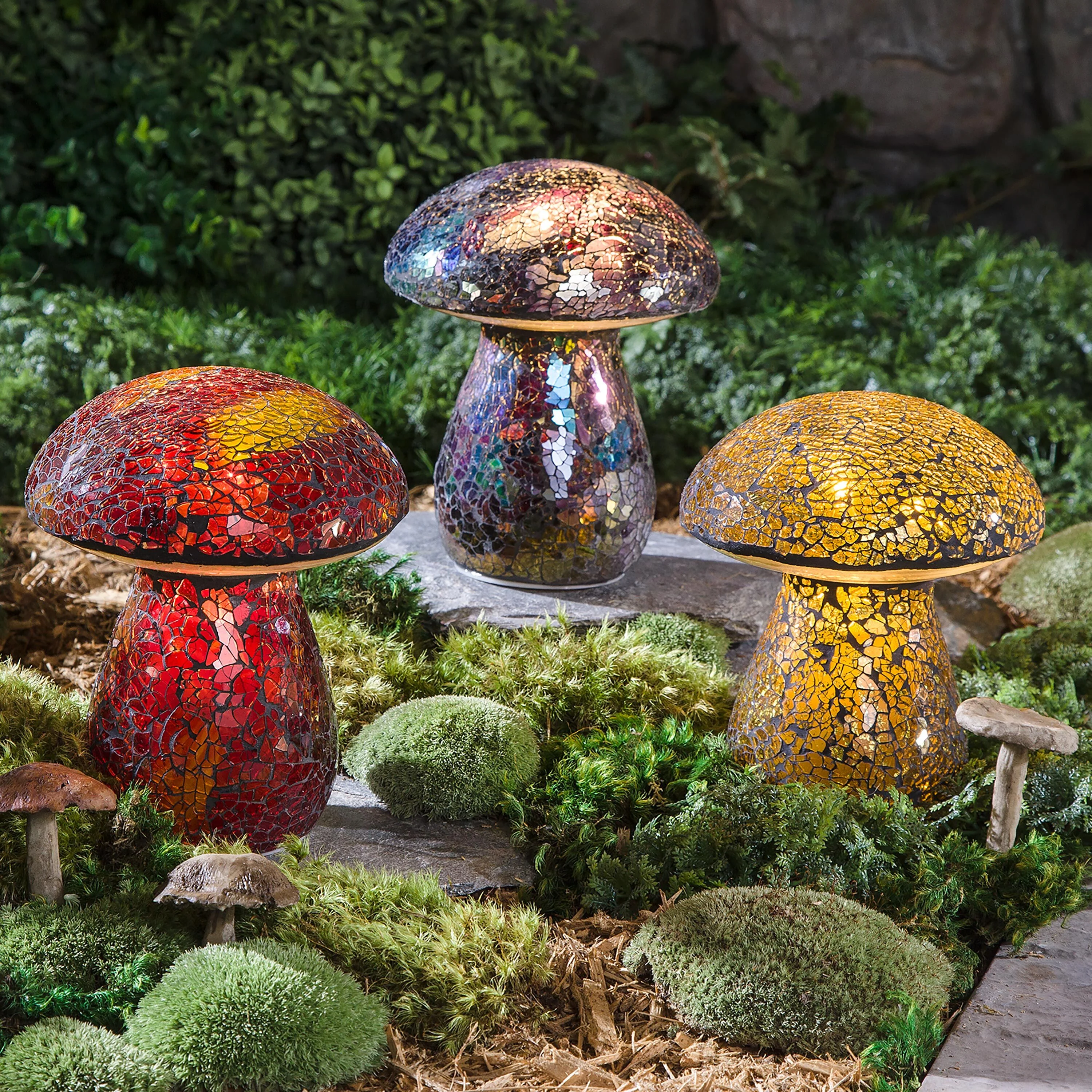 Amber Glass Mosaic Mushroom Lawn Ornament - Image 2