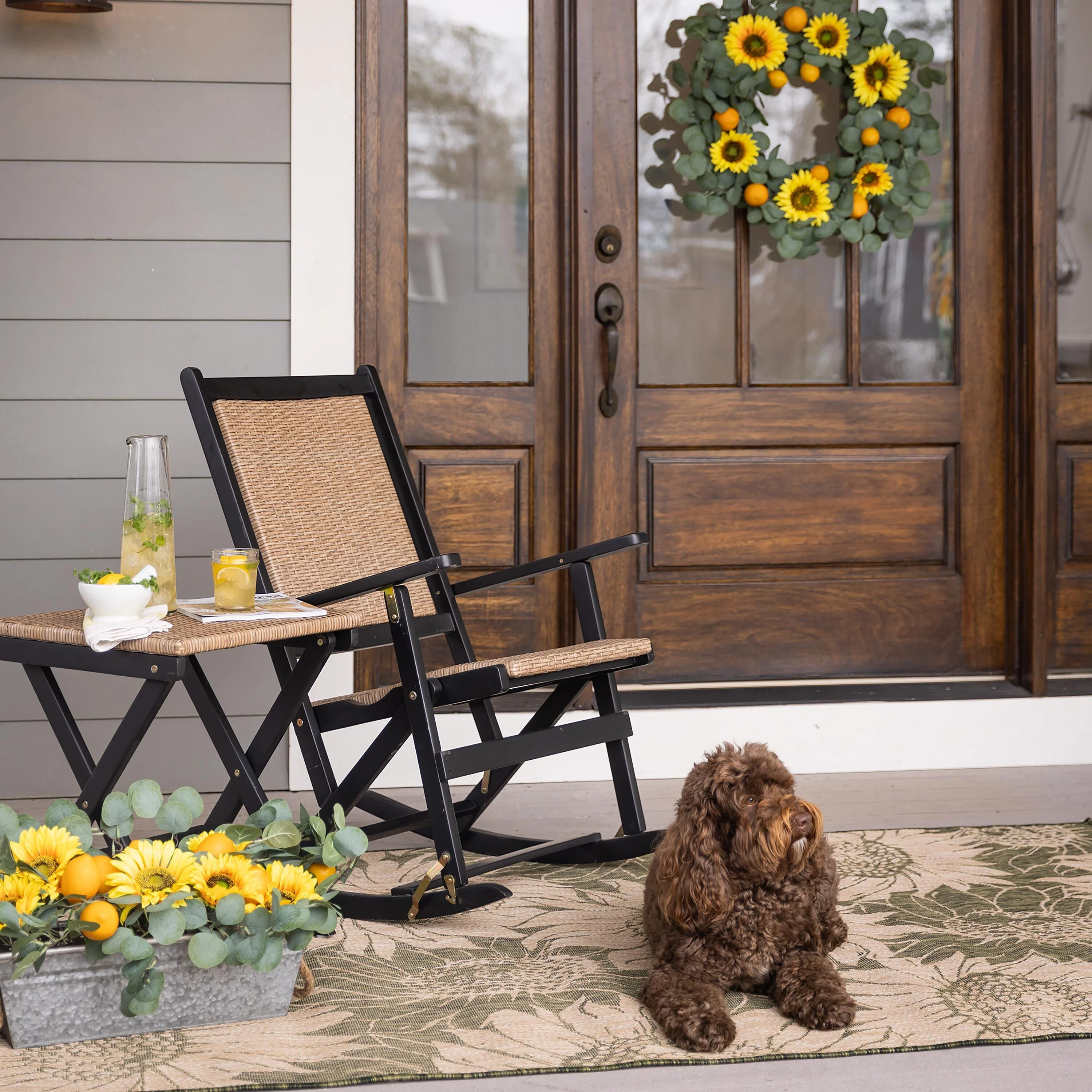 Faux Sunflower, Lemon and Eucalyptus Floral Arrangement in Planter - Image 3