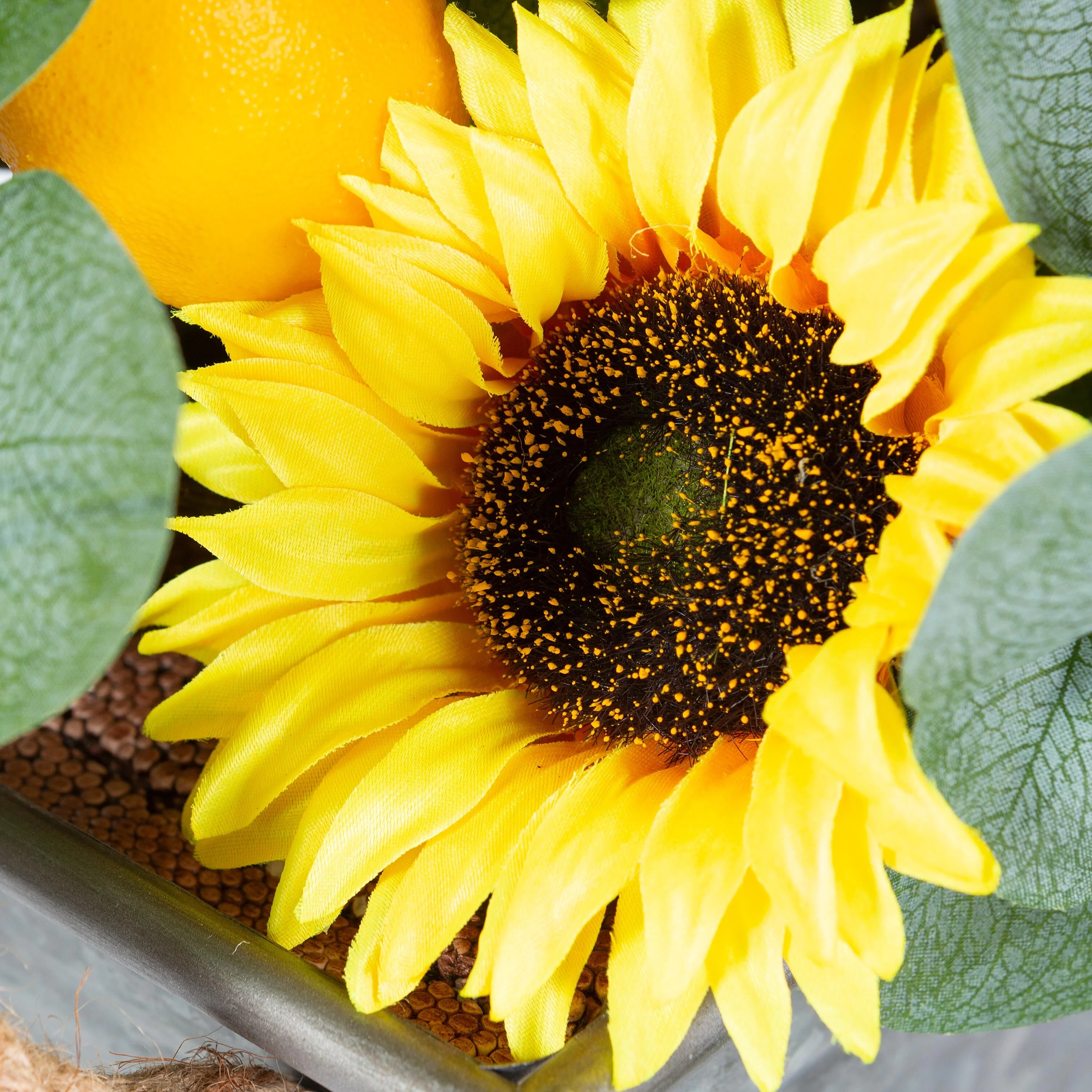 Faux Sunflower, Lemon and Eucalyptus Floral Arrangement in Planter - Image 4