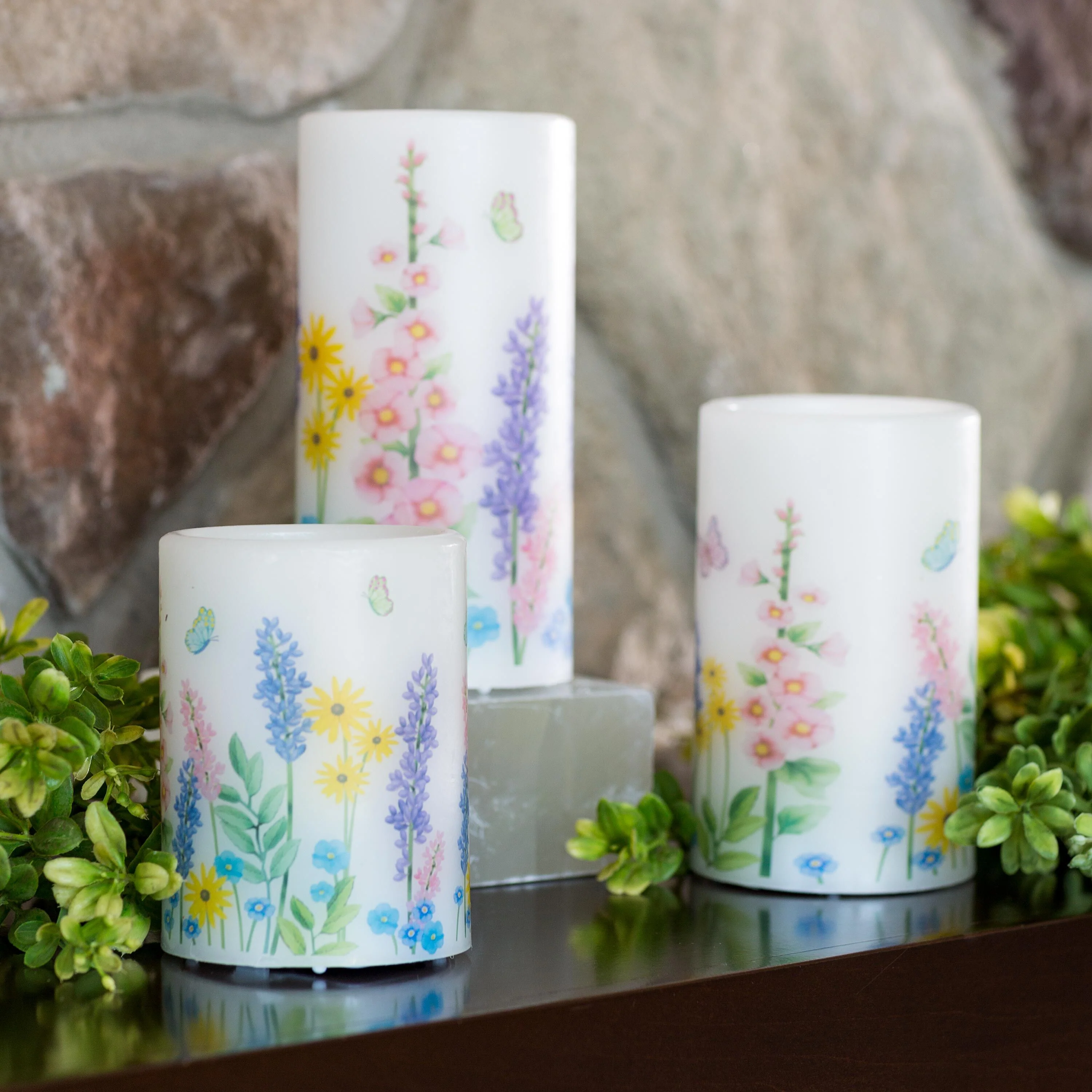Flameless Pillar Candles with Floral Designs, Set of 3 - Image 3