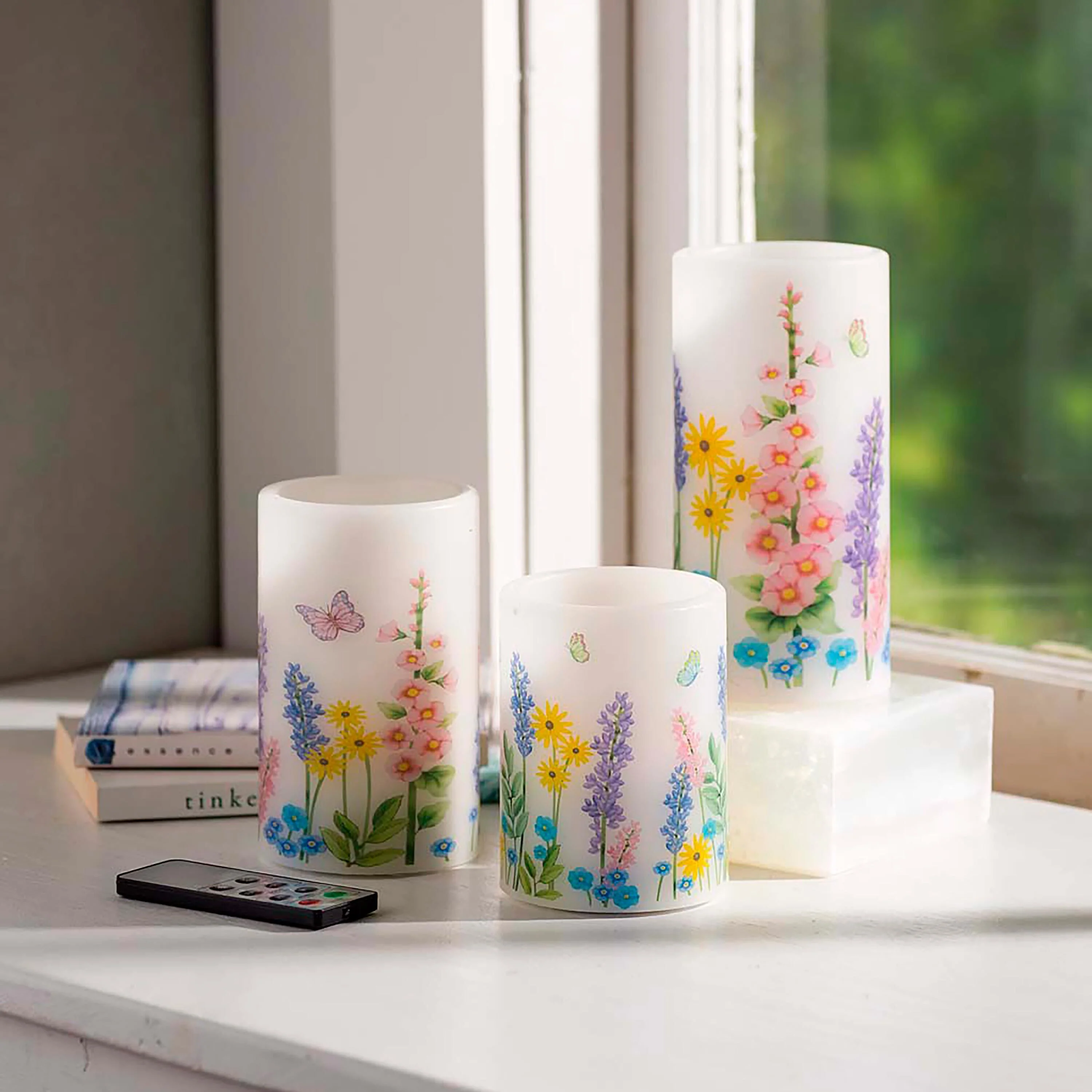Flameless Pillar Candles with Floral Designs, Set of 3 - Image 4