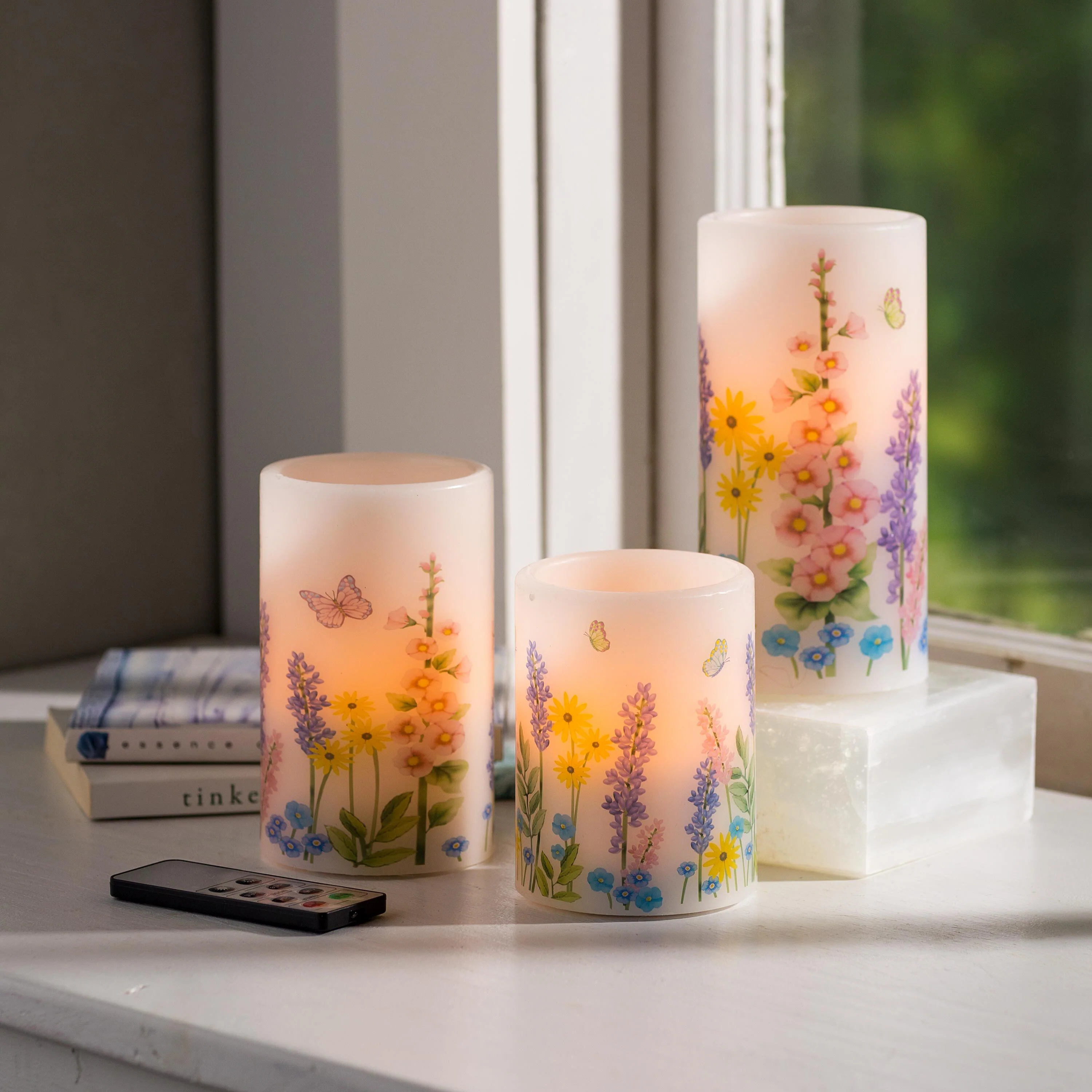 Flameless Pillar Candles with Floral Designs, Set of 3 - Image 5