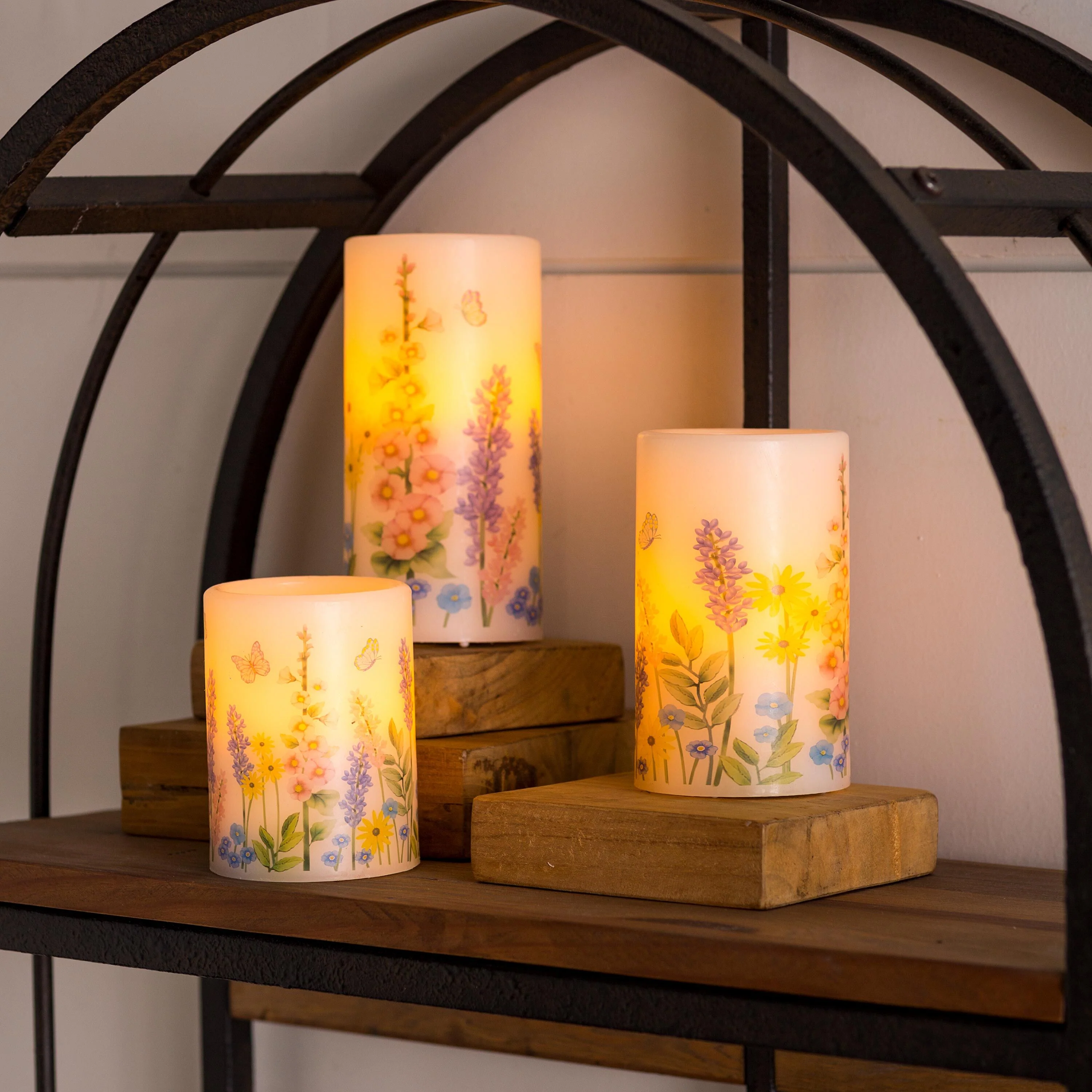 Flameless Pillar Candles with Floral Designs, Set of 3 - Image 6