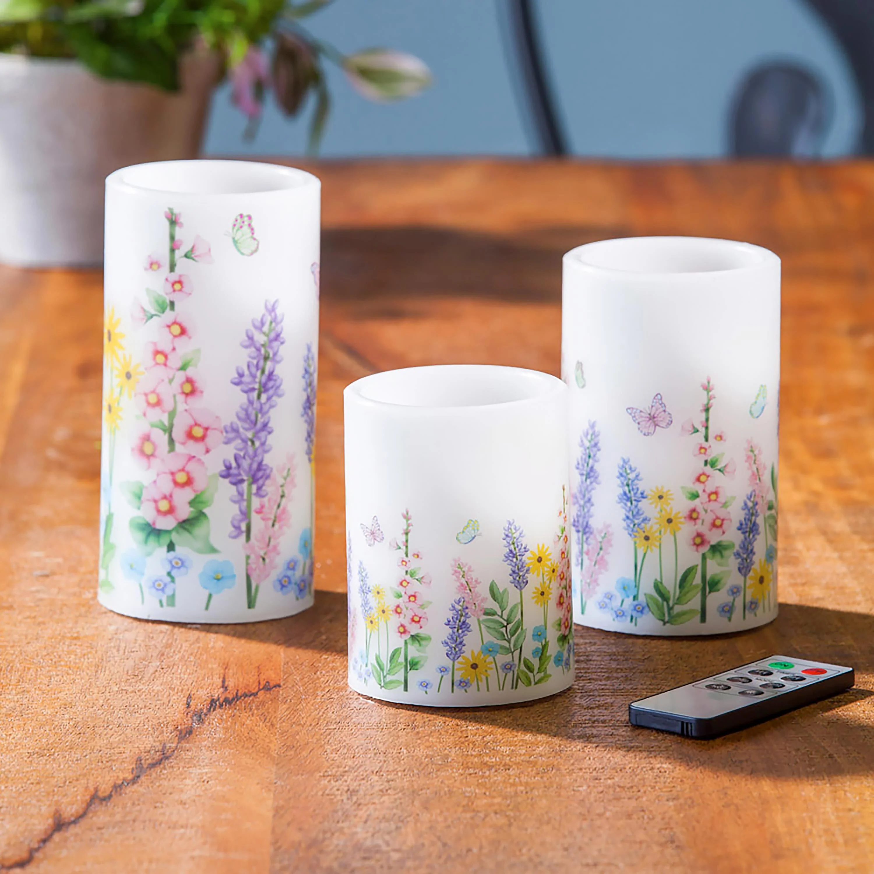 Flameless Pillar Candles with Floral Designs, Set of 3 - Image 8
