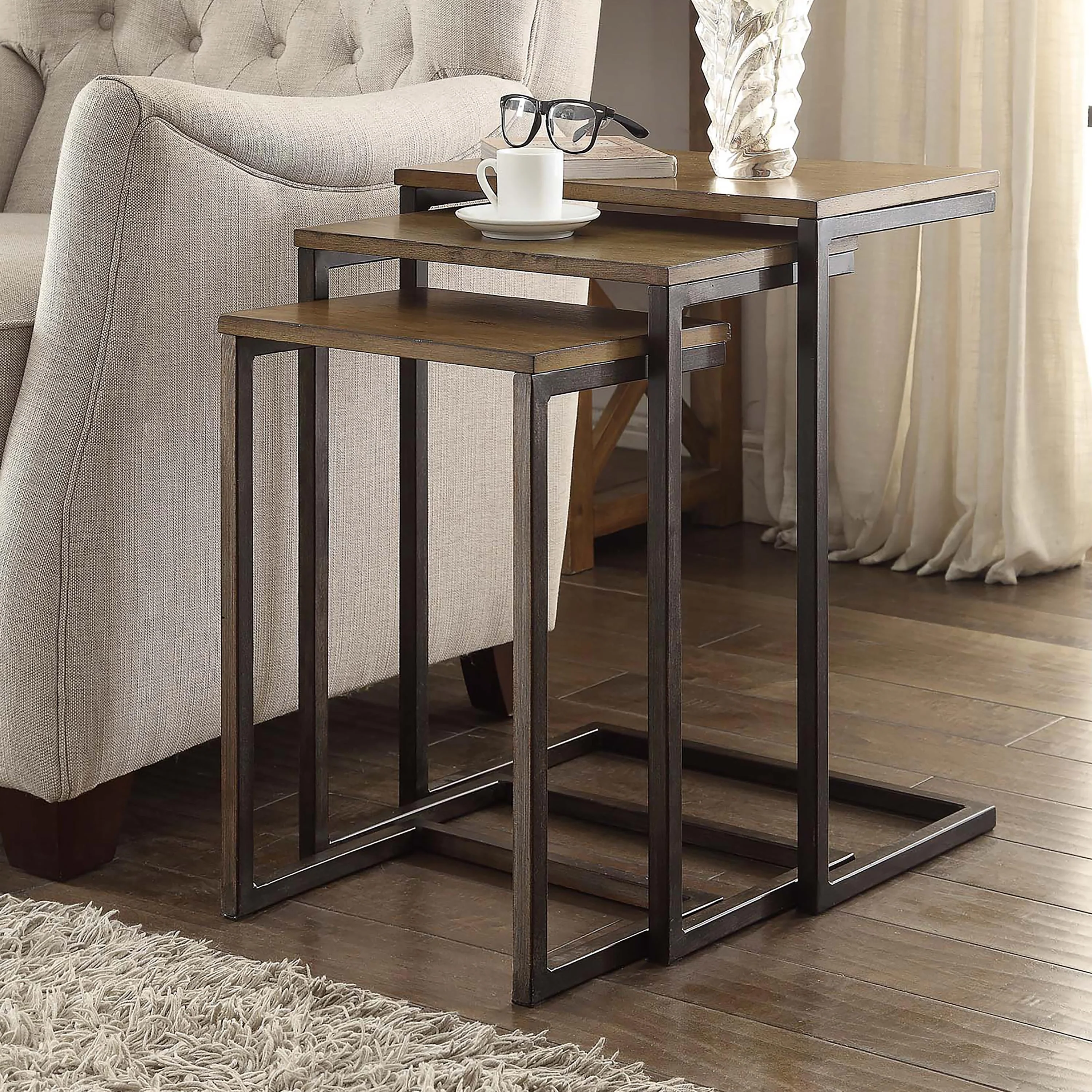 3-Piece Industrial Style Rectangular Metal and Wood Nesting Tables - Image 2