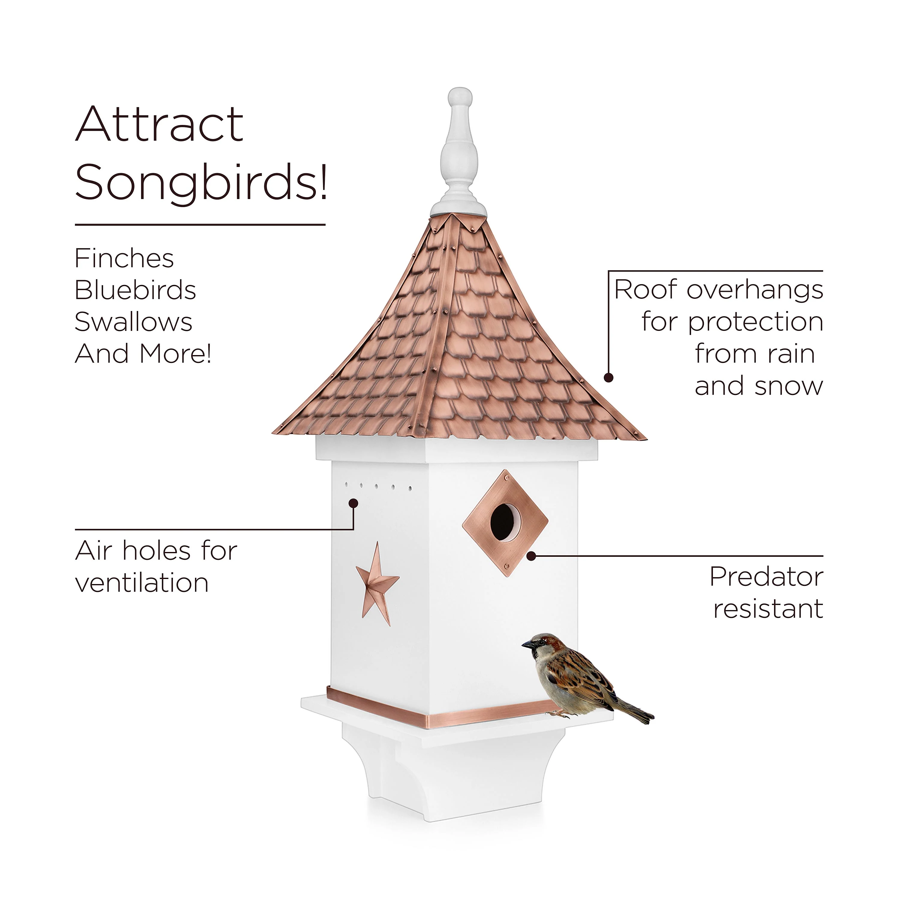 White Villa-Style Birdhouse with Hand-Hammered Copper Roof and Accents - Image 4