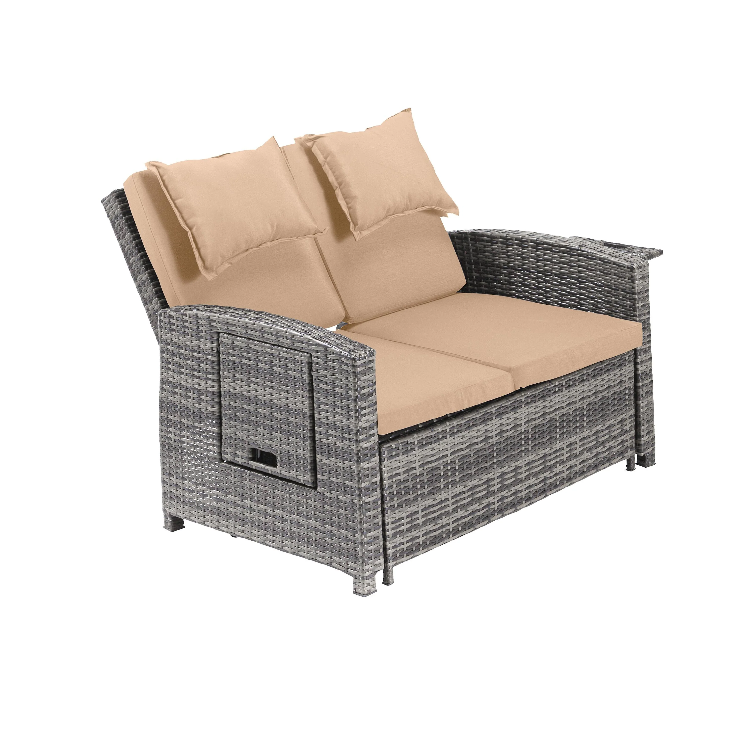 Multi-Functional Outdoor Wicker Love Seat Chaise Lounger with Taupe Cushions - Image 3