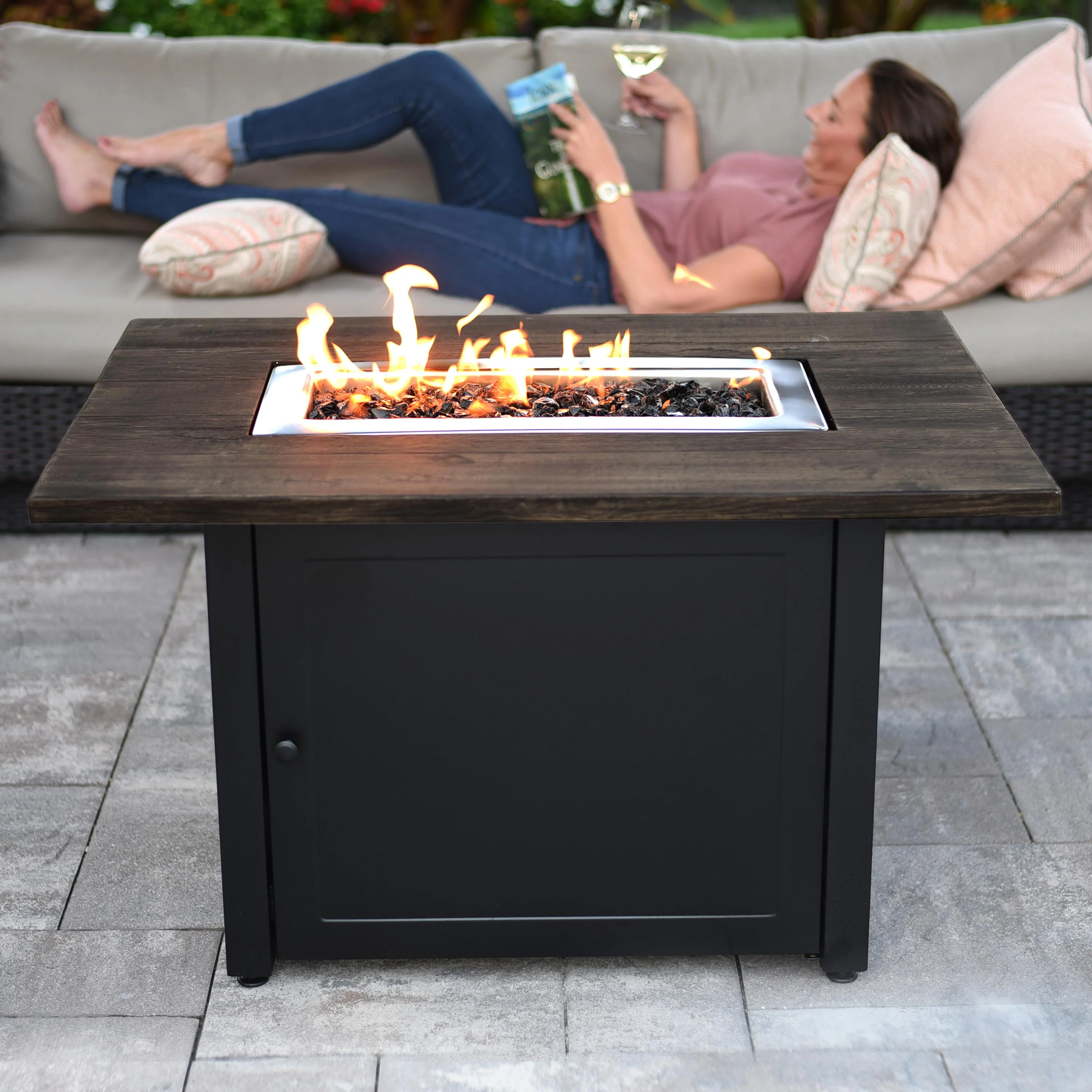 Kamden Propane Gas Fire Pit with Faux Wood Tabletop and Glass Rocks