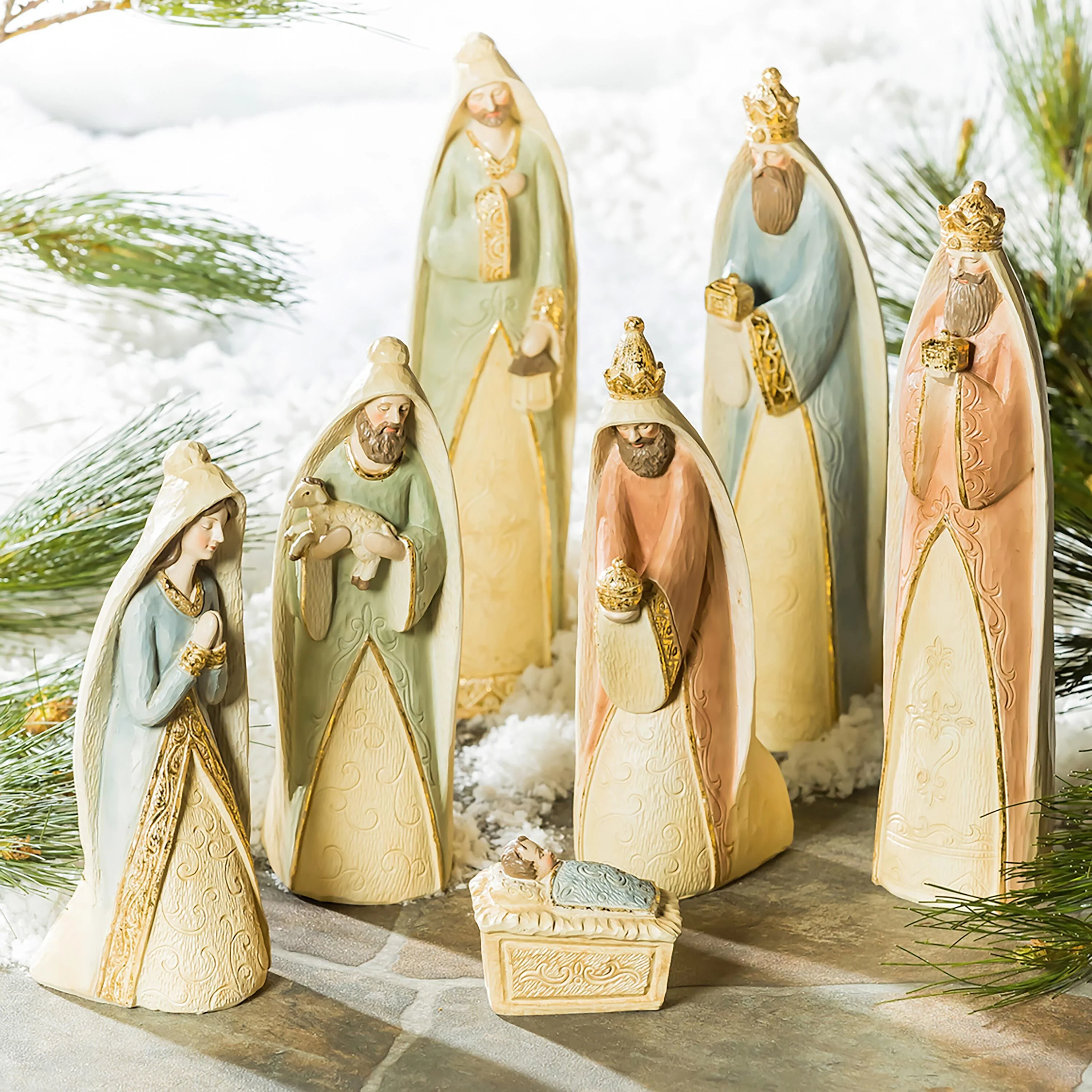 Nativity Garden Statue, Resin Statue, Gilded Nativity Scene, 11.8"H, Set of 7