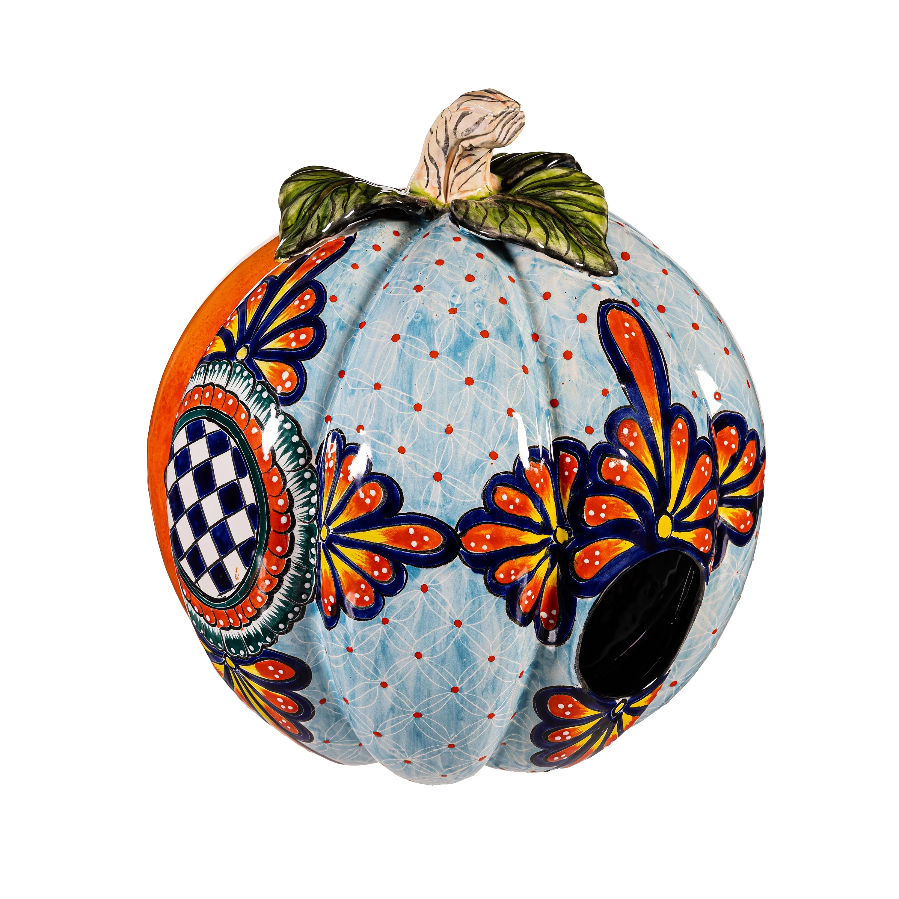 Checkered Flower Large Ceramic Talavera Harvest Pumpkin, Large - Image 4