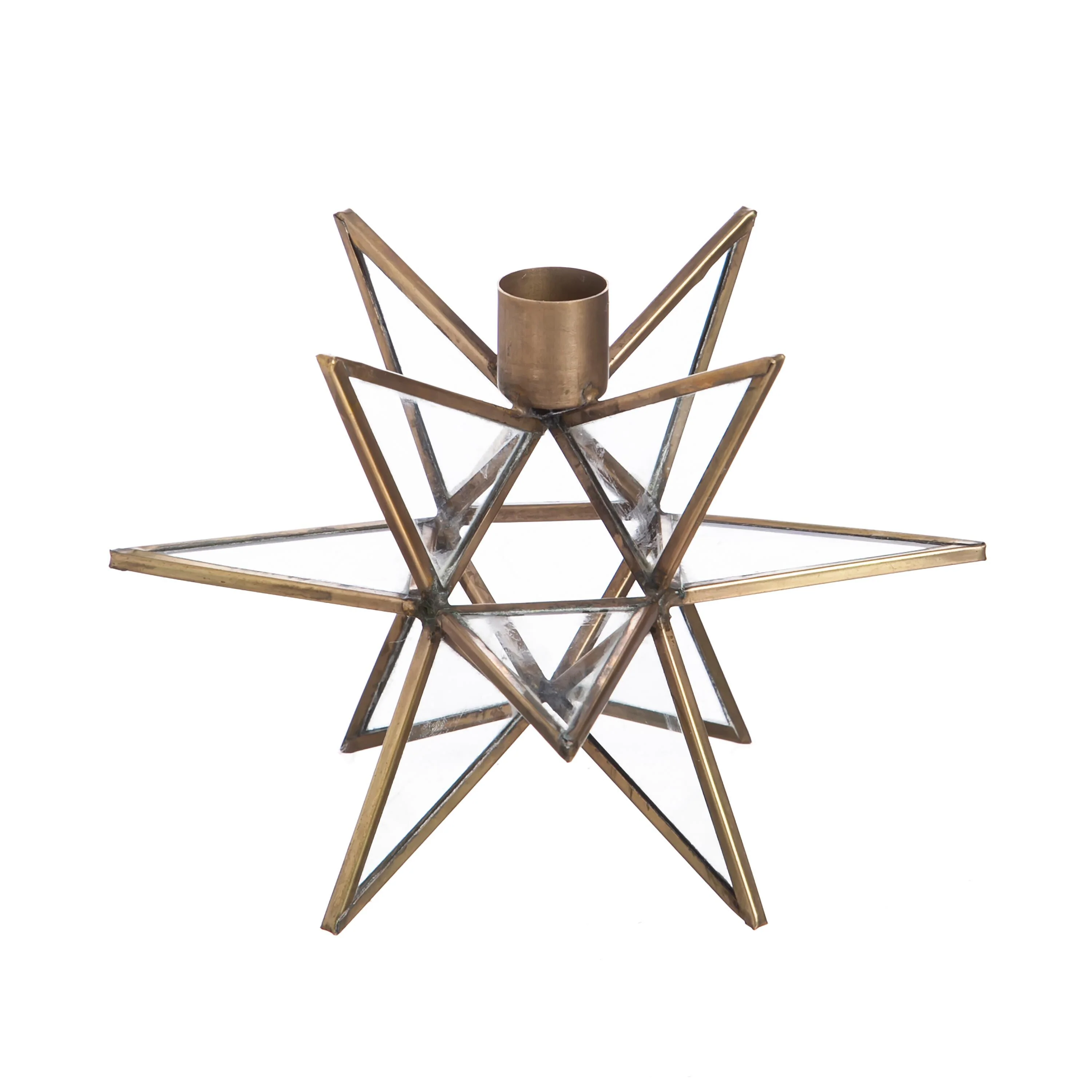 Clear Moravian Star Metal Taper Holder, Set of 2, Brass - Image 2