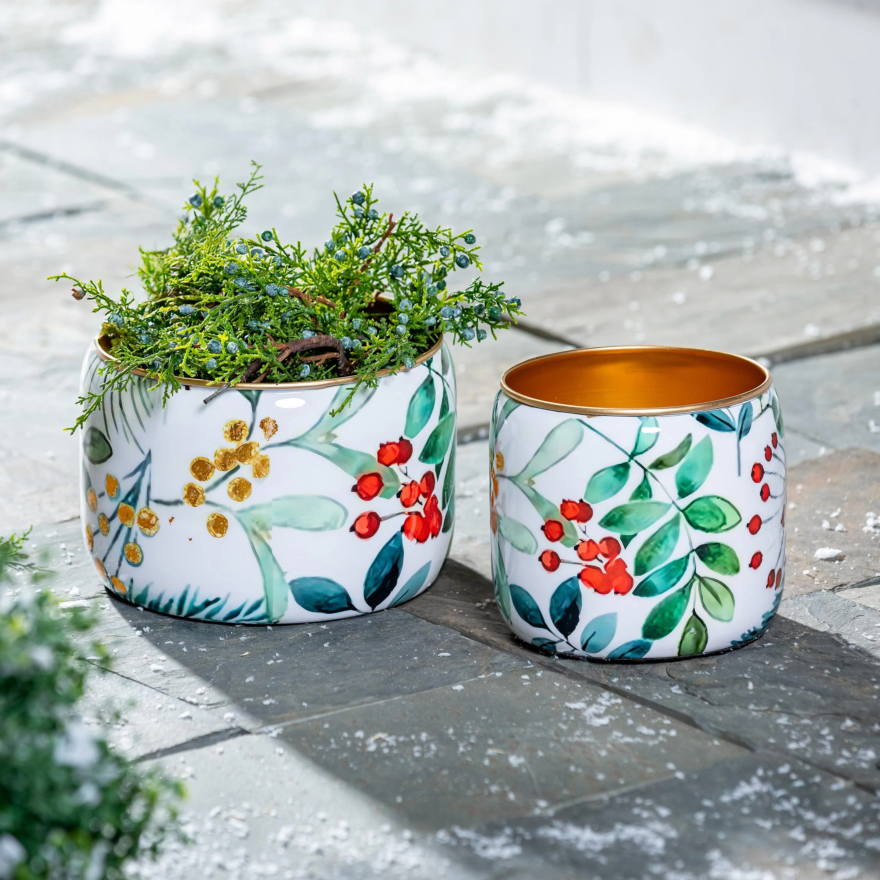 VivaStyle Planter, Metal Printed Planters, Festive Foliage, 8"H, Set of 2