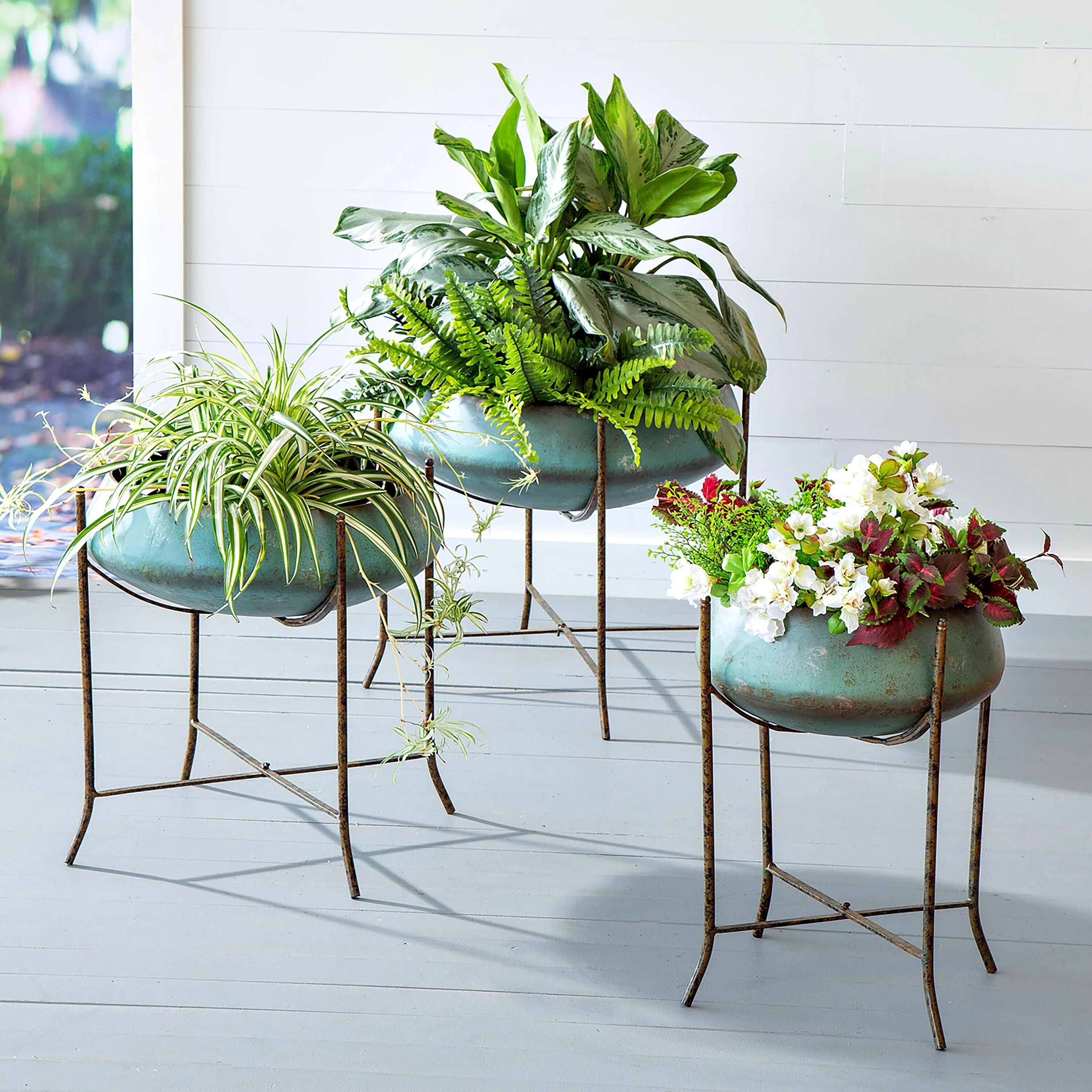 Oversize Verdigris Planter on Stand, Set of 3