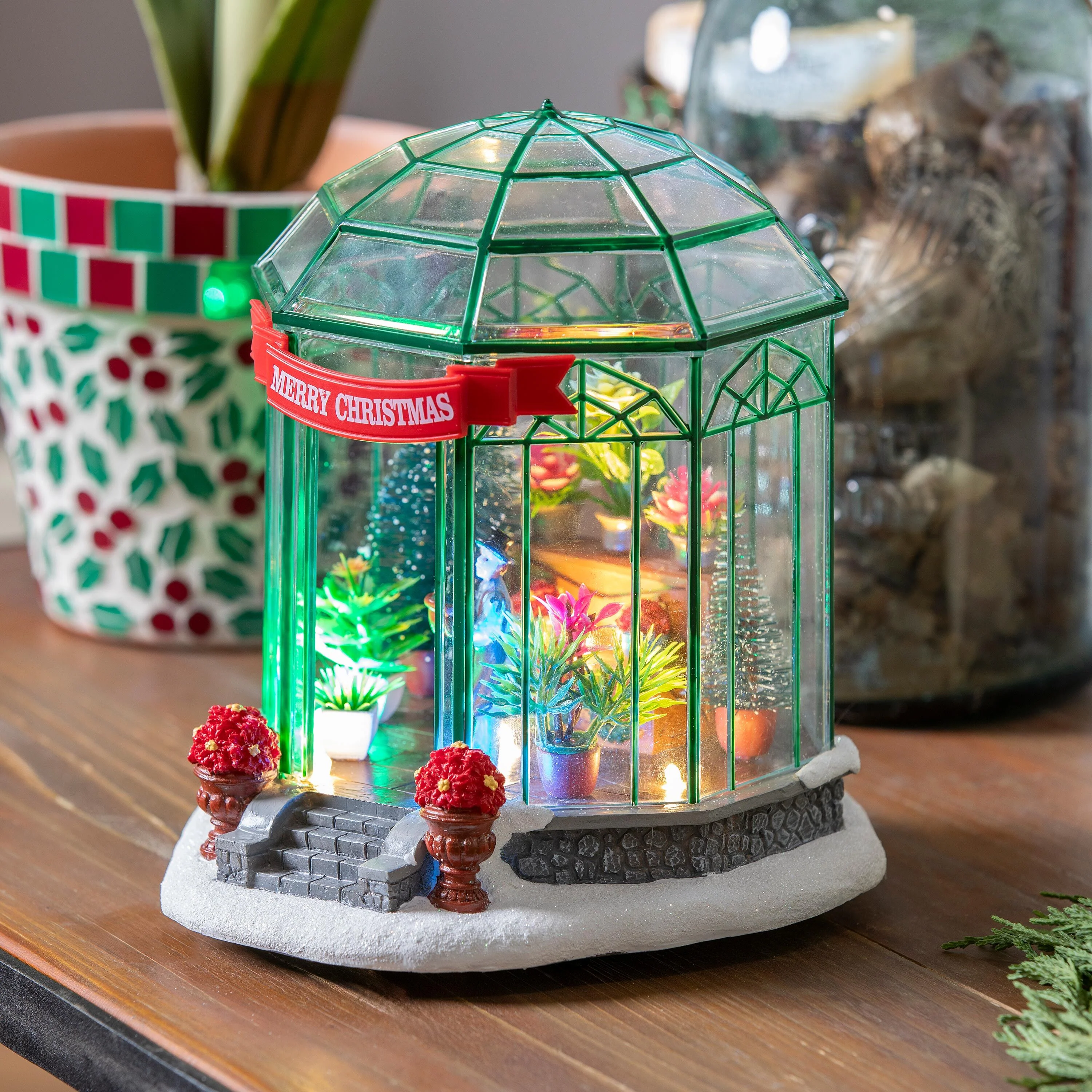 Holly Homestead LED Table Decor Resin Greenhouse with Music, 7.5" - Image 2