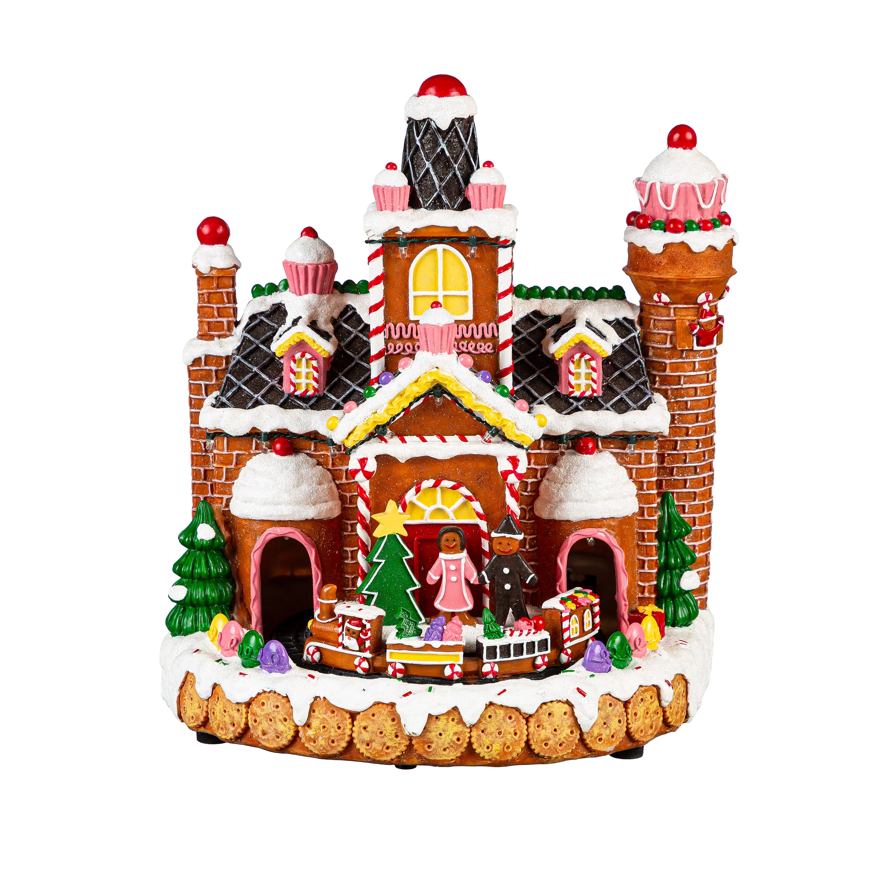 Sugar & Stripes Bright LED Table Decor Resin Gingerbread House and Train, Motion and Music, 11.25"H - Image 3