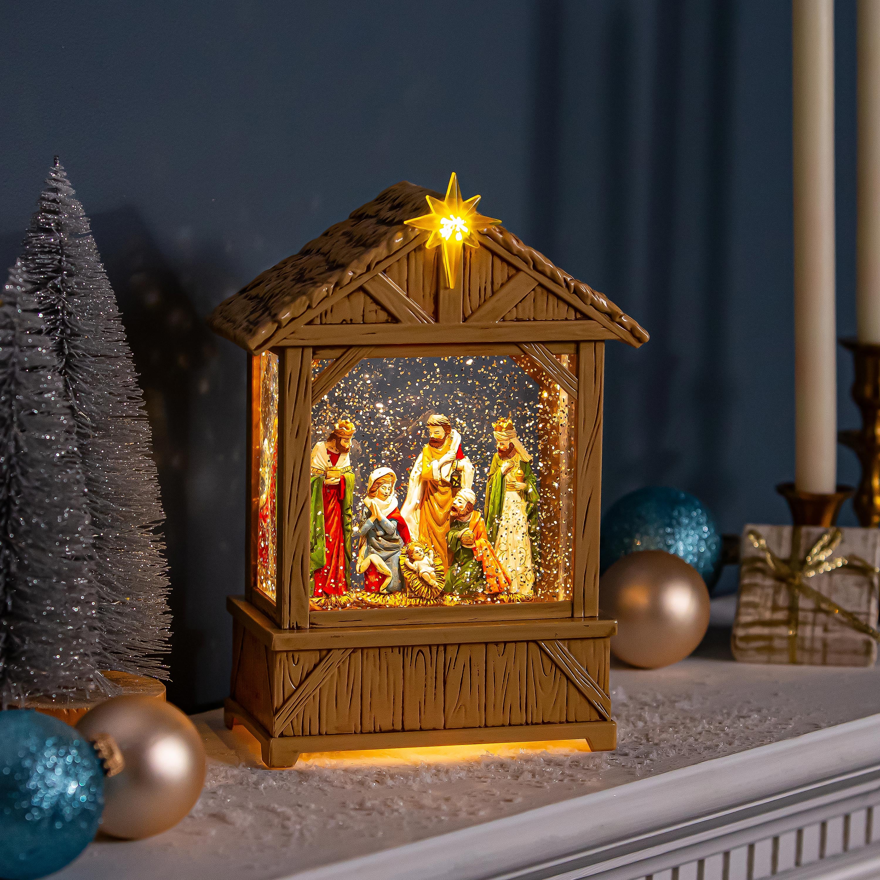 Nativity LED Table Decor Nativity Scene Plastic Water Lantern, 10.25"H