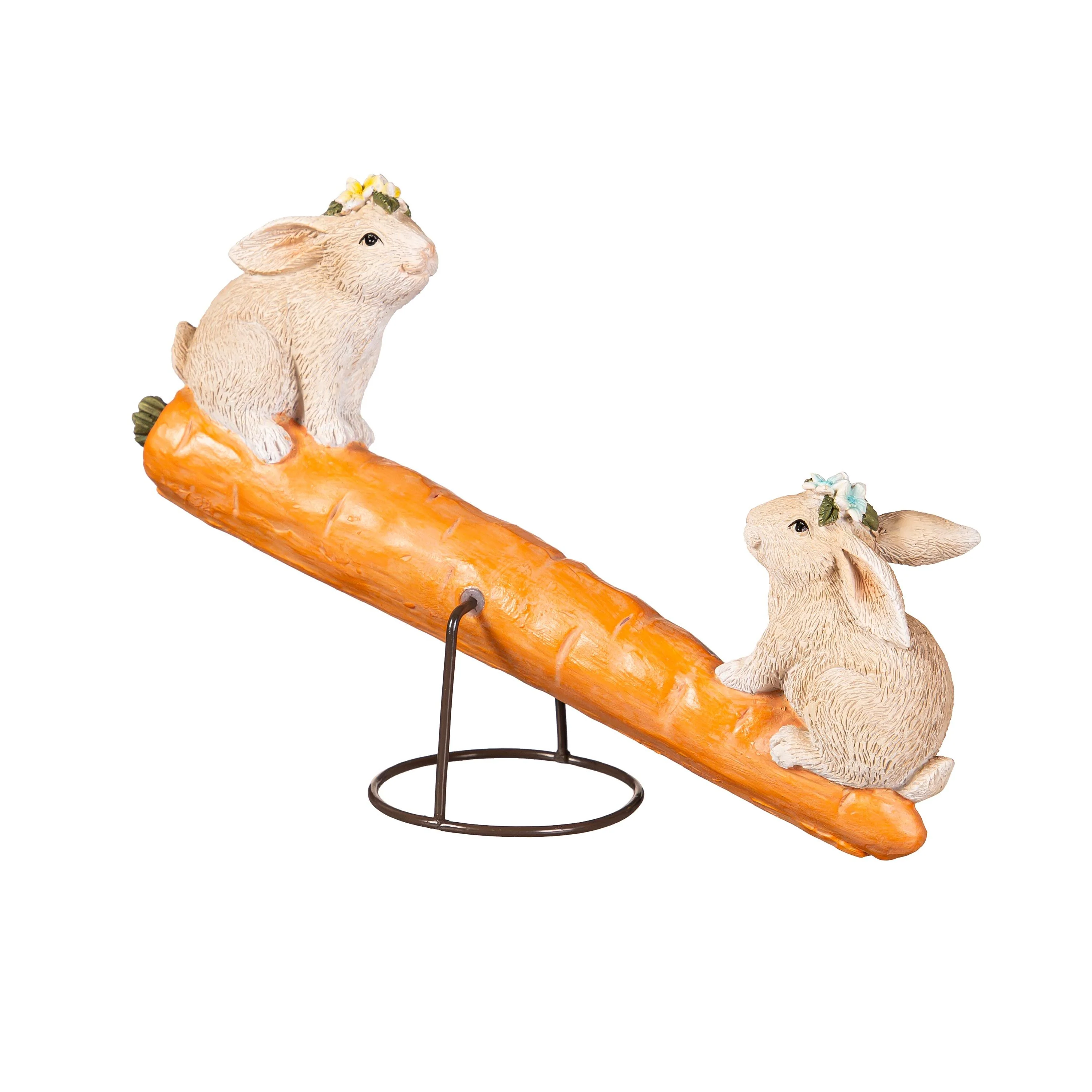 Bunny Blooms Table Decor Resin Bunnies on Carrot Seesaw, 8"L - Image 2