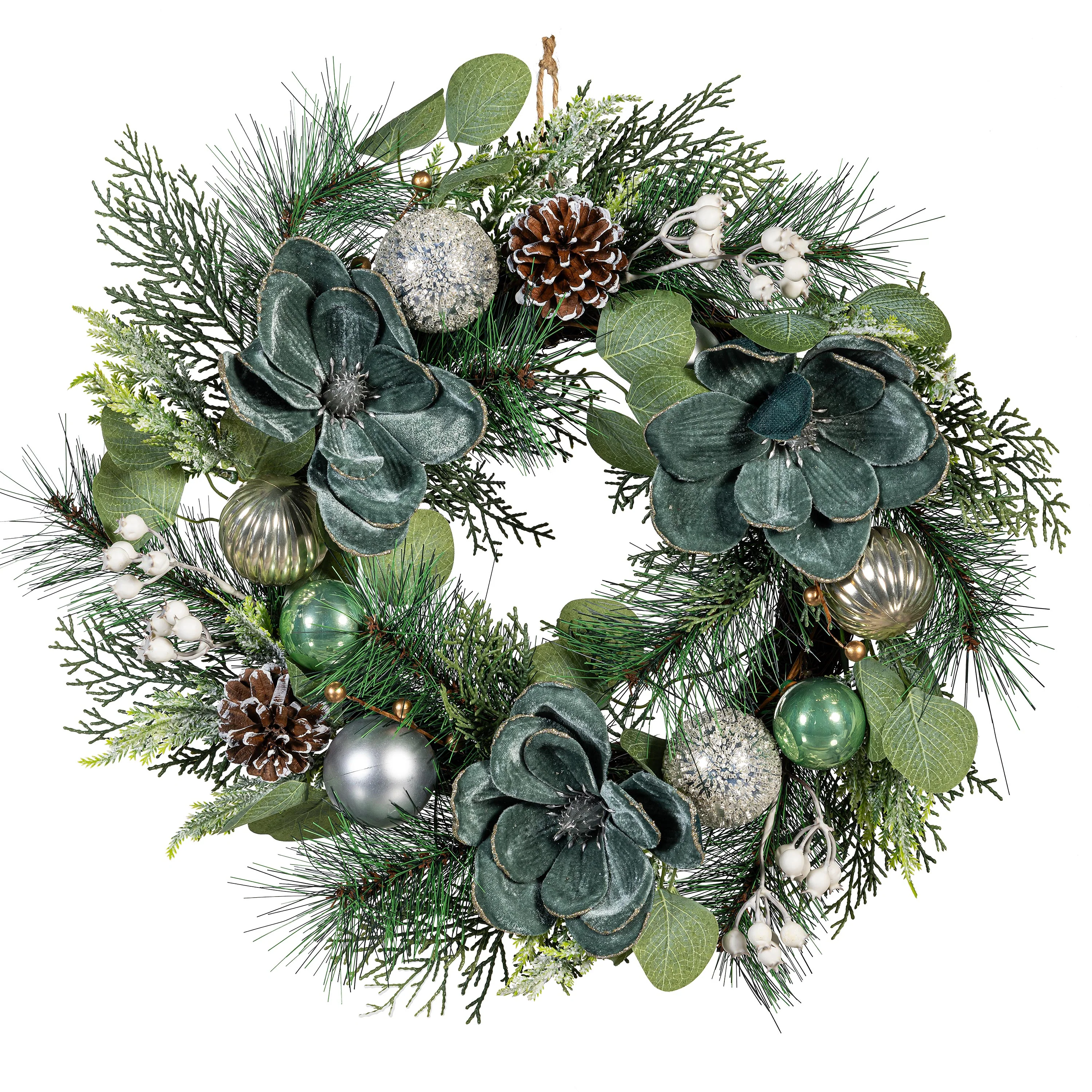 Shades of Green Wreath Artificial with Ornaments, 20"H - Image 2