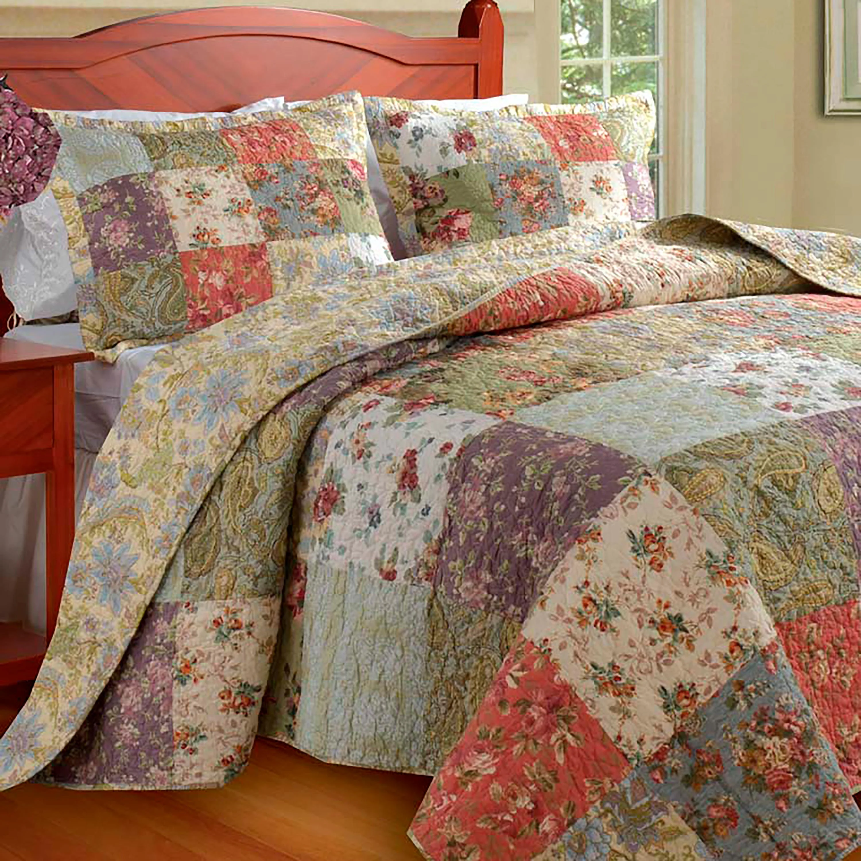 Queen 100% Cotton Wildflower Patchwork Block Reversible Bedspread And Shams