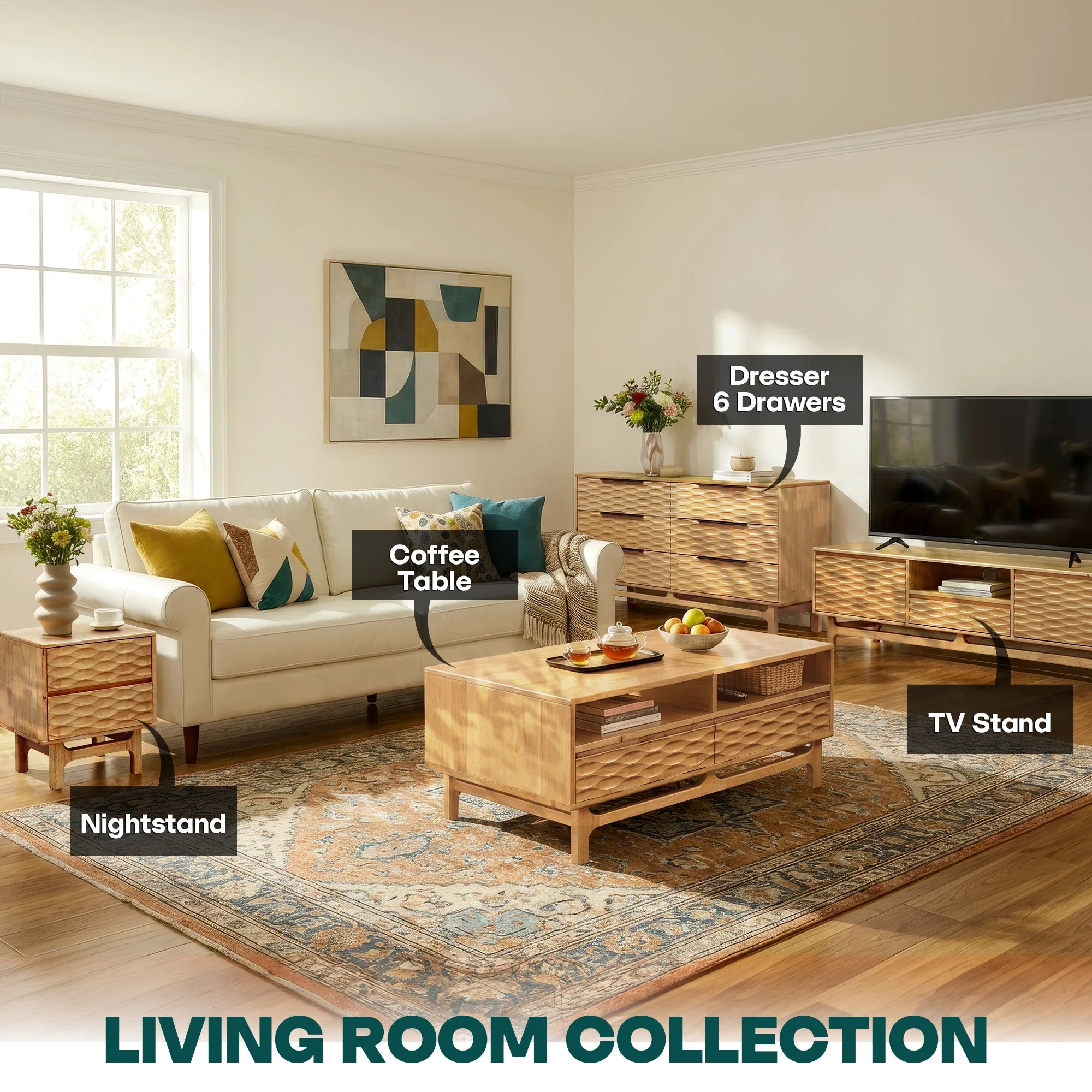 Acacia Elara 47.2” Rectangular Coffee Table with Drawers & Open Storage - Image 23