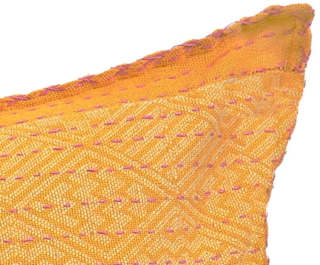 Artisan Hand Loomed Cotton Lumbar Pillow - Yellow Diamonds - Image 4