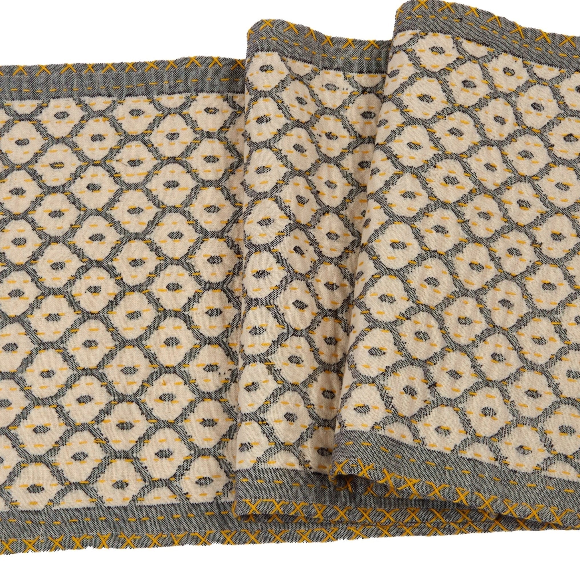 Artisan Hand Loomed Cotton Table Runner - Gray Yellow Stitching - Image 2