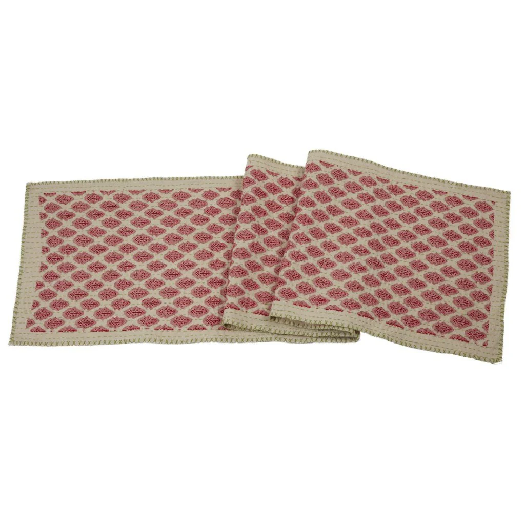 Artisan Hand Loomed Cotton Table Runner - Red Green Stitching - Image 2