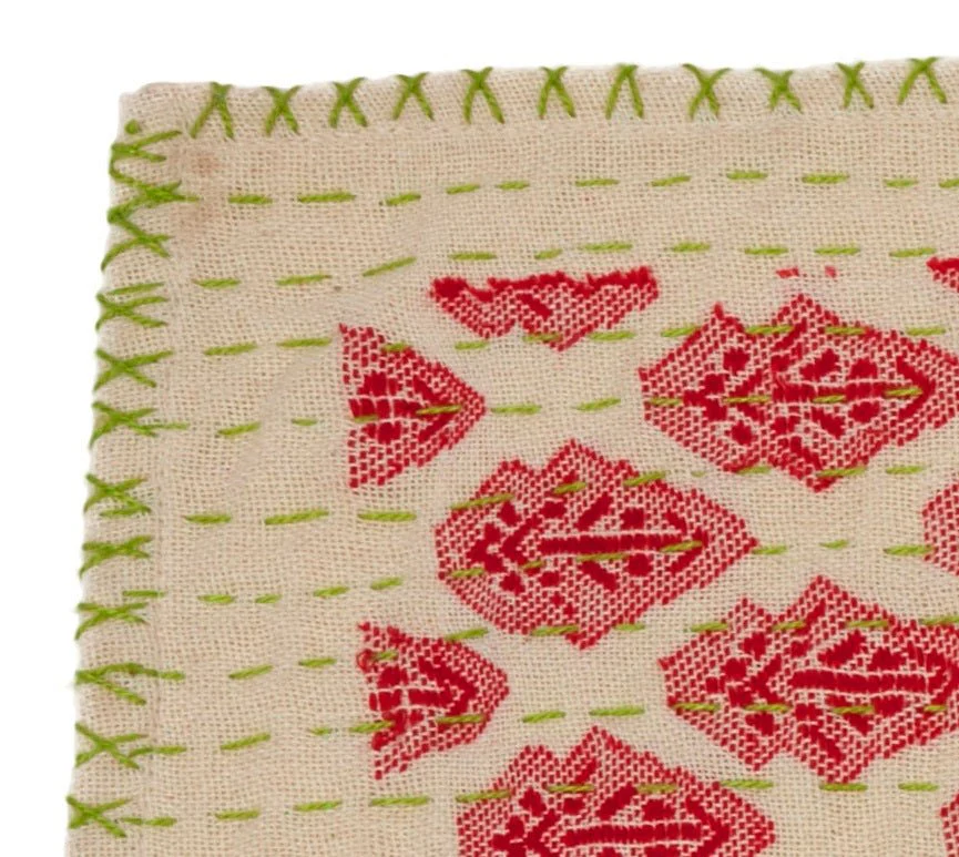 Artisan Hand Loomed Cotton Table Runner - Red Green Stitching - Image 6
