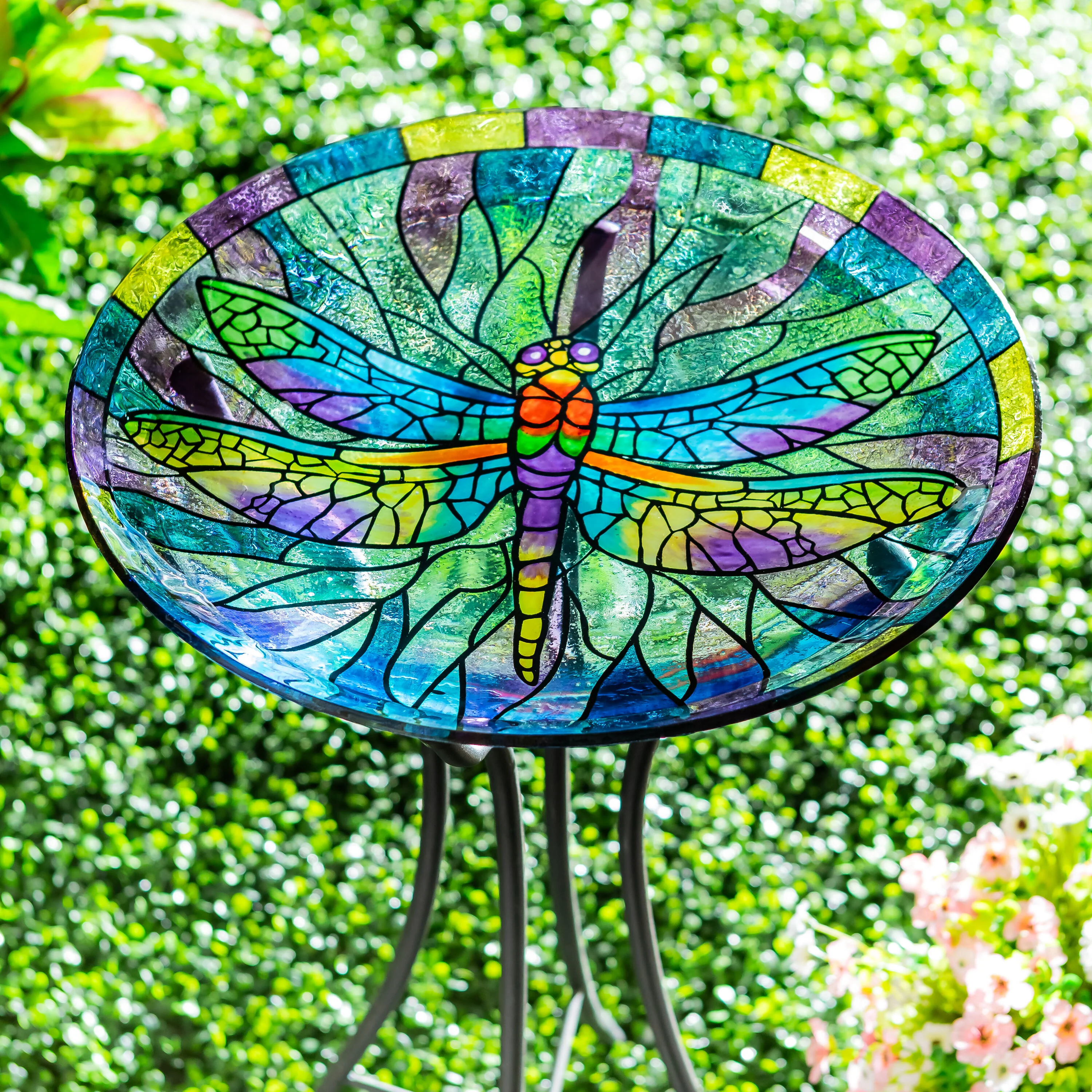 Pollinator Garden Birdbath, Stained Glass Dragonfly Birdbath, 18" - Image 2