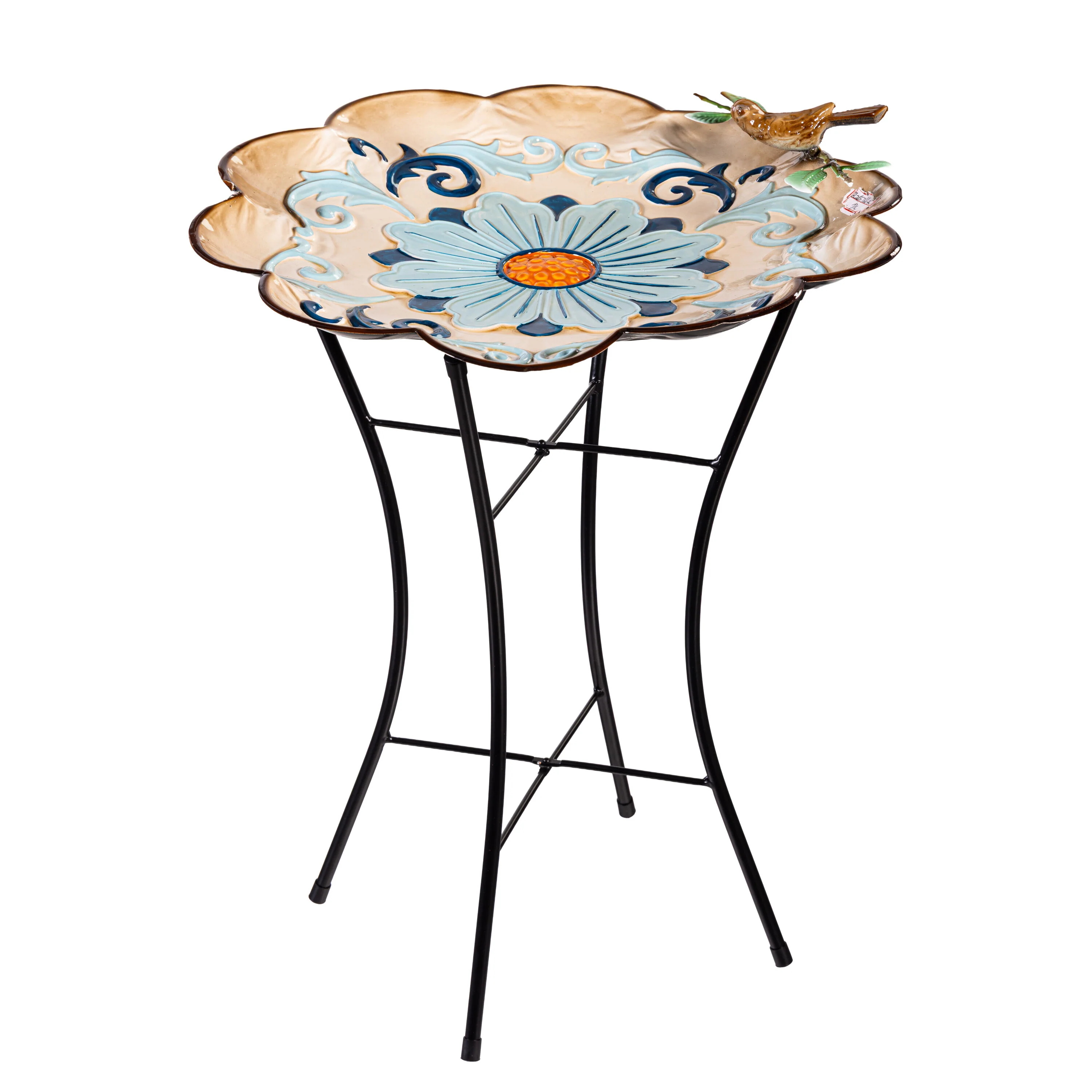 What She Shed Birdbath, Metal Blue Perched Bird with Stand - Image 2