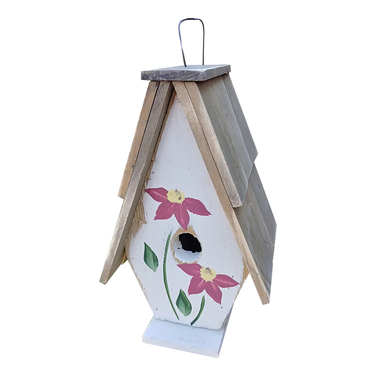 A Framed Bird House with Hand-Painted flowers and Wood Roof - Image 2