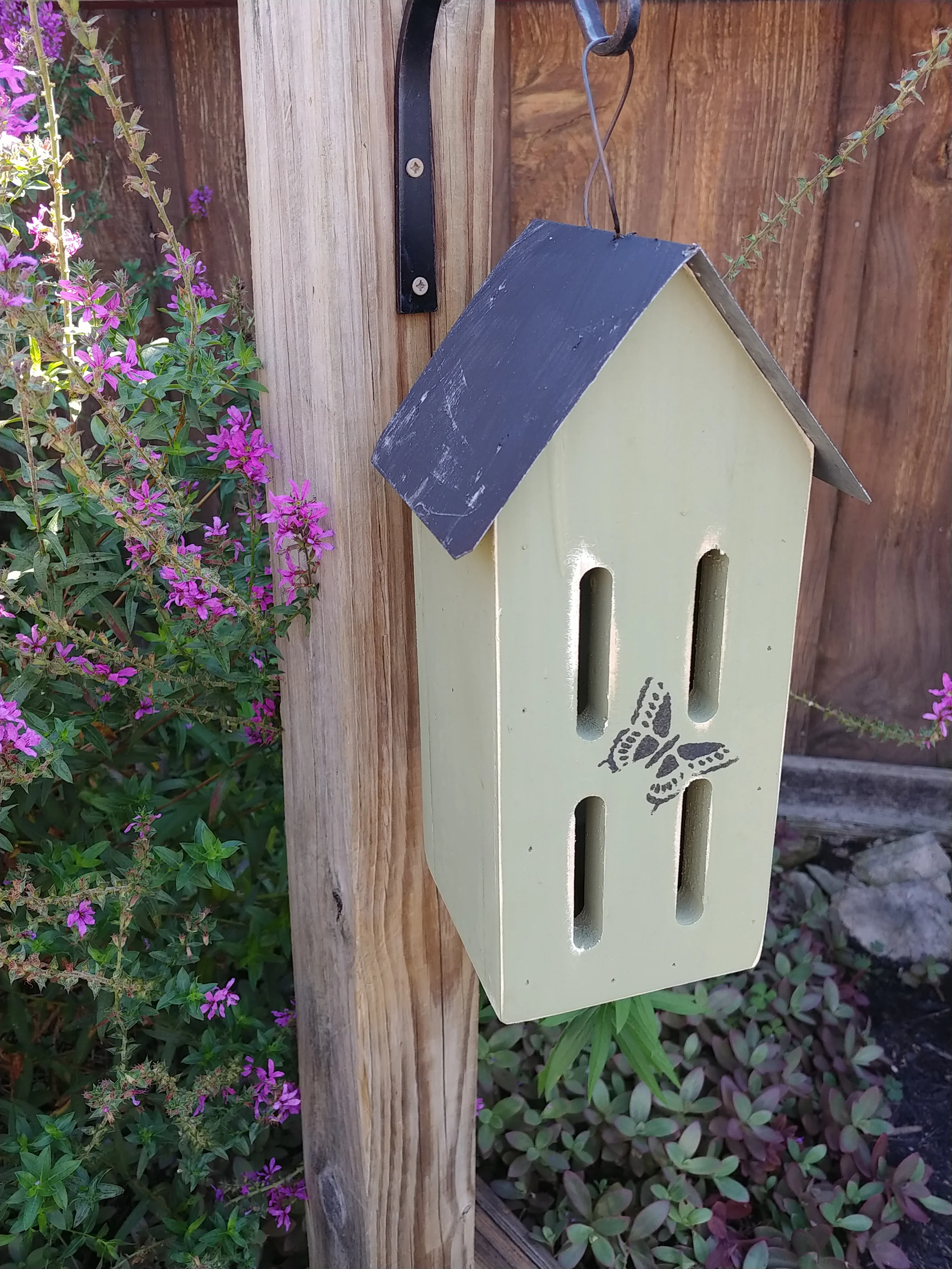 Stenciled Butterfly Bird House with Metal Roof