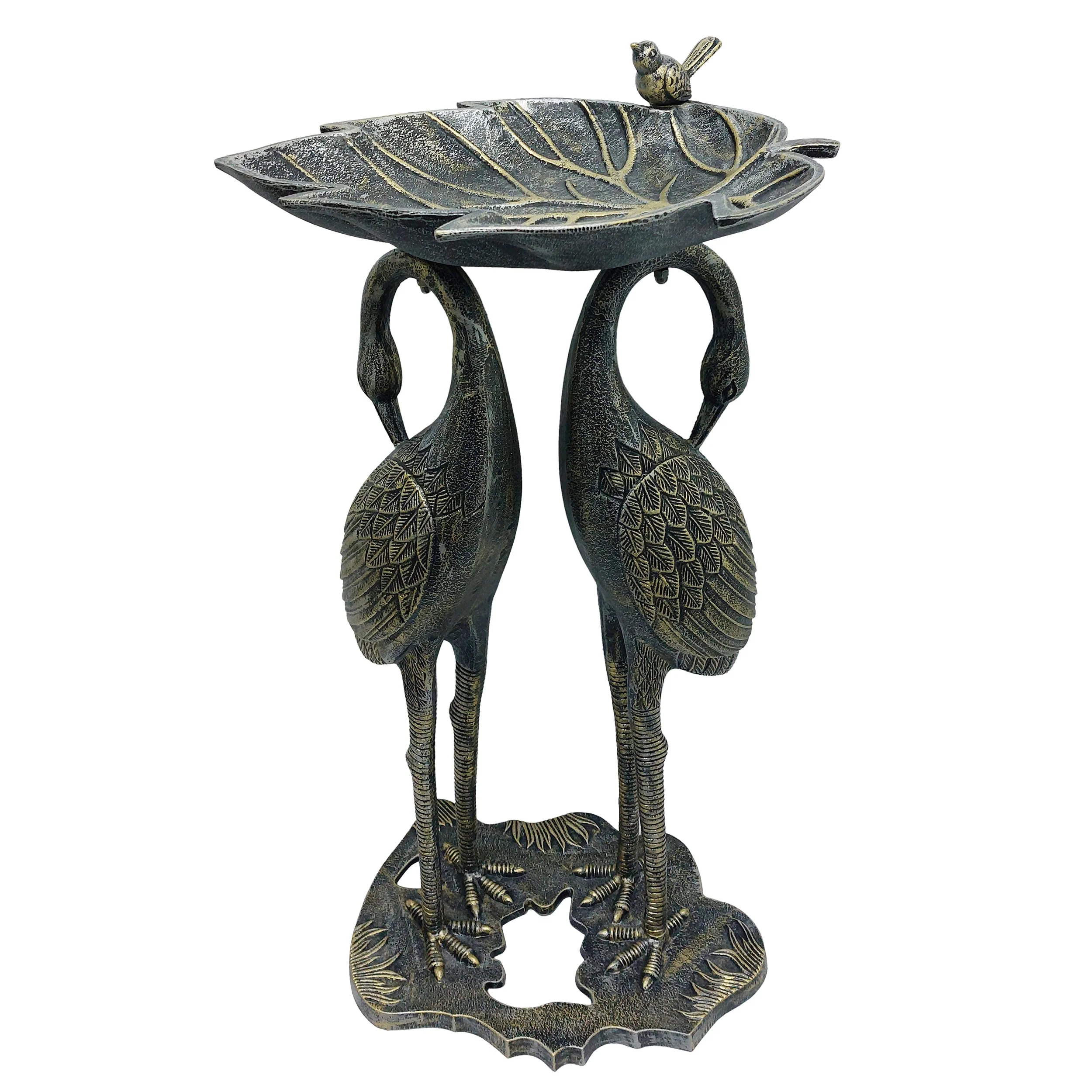 Cast Aluminum 30-in Twin Crane Bird Bath with Leaf Bowl - Image 6