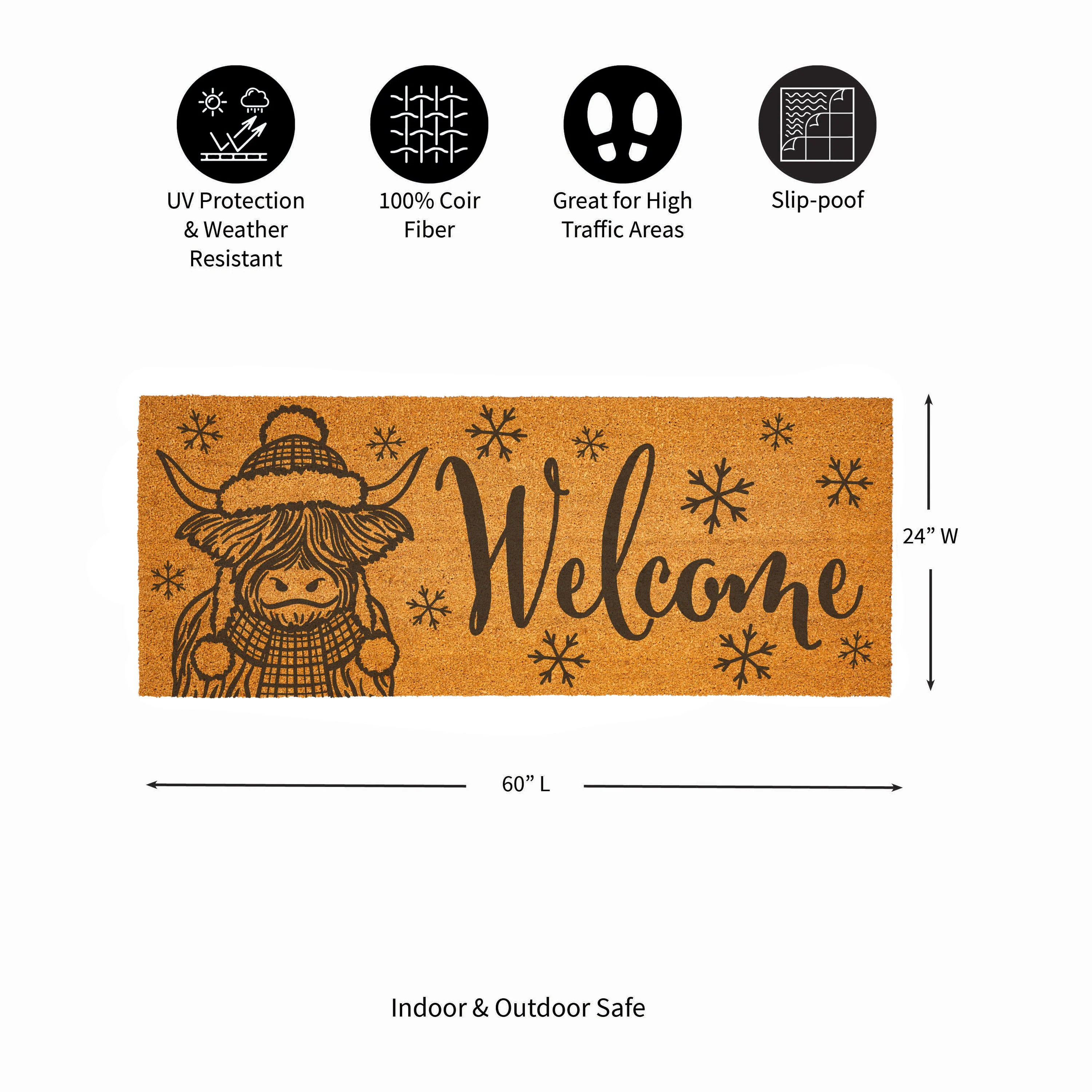 Holly Homestead Highland Cow Coir Mat, "Welcome", 60"x24” - Image 3