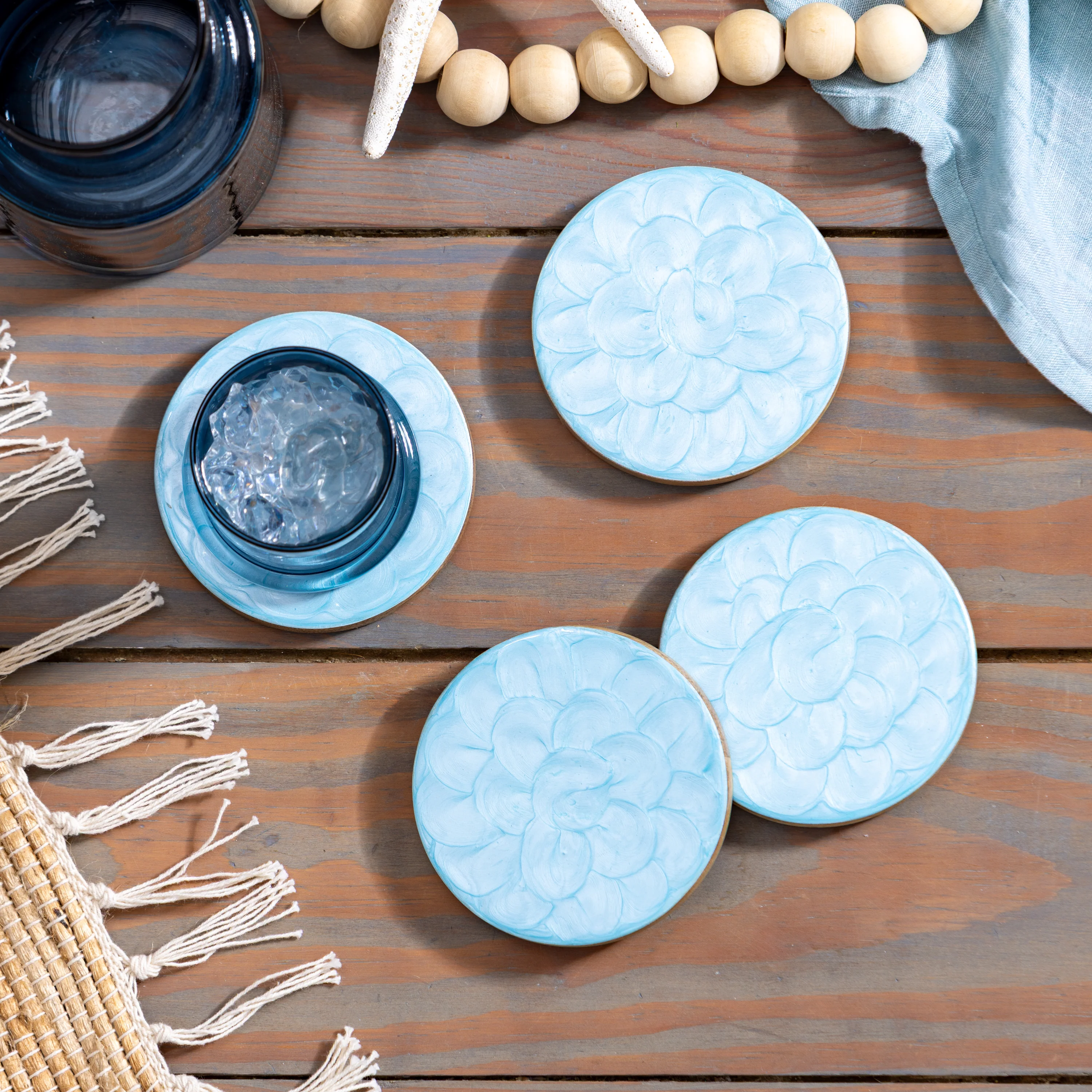 Blue Coastal Coasters Wood with Scalloped Enamel Round, Set of 4