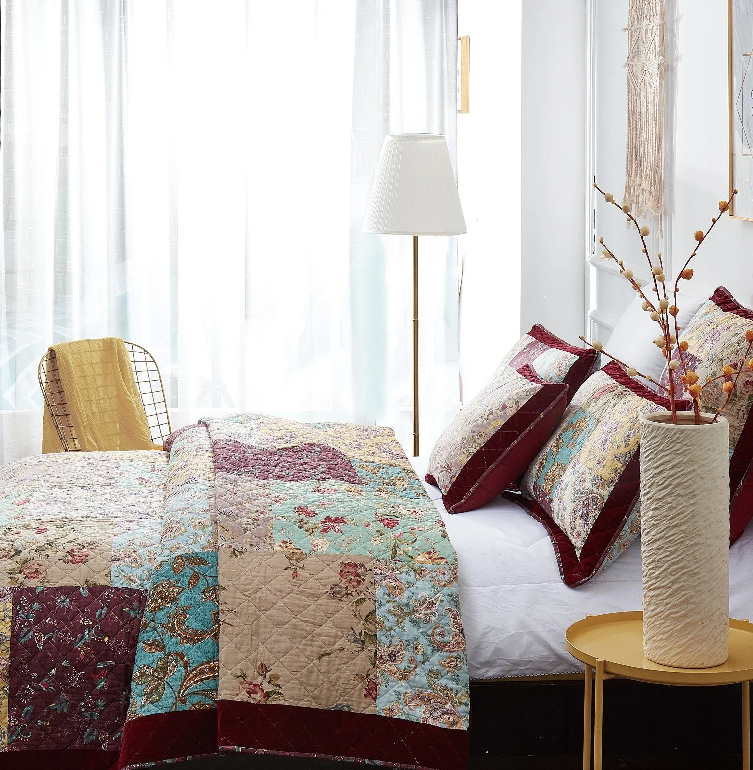 Bohemian Burgundy Paisley Patchwork Cotton Bedspread Set - Image 5