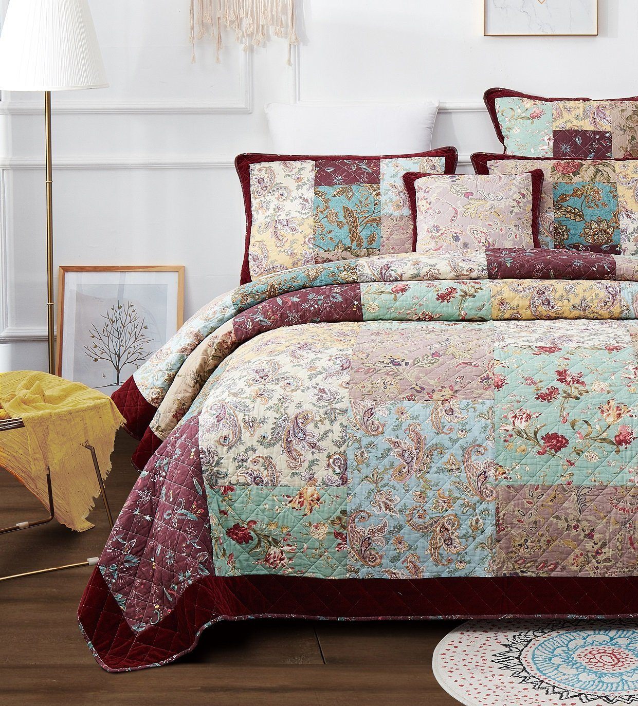 Bohemian Burgundy Paisley Patchwork Cotton Bedspread Set - Image 8