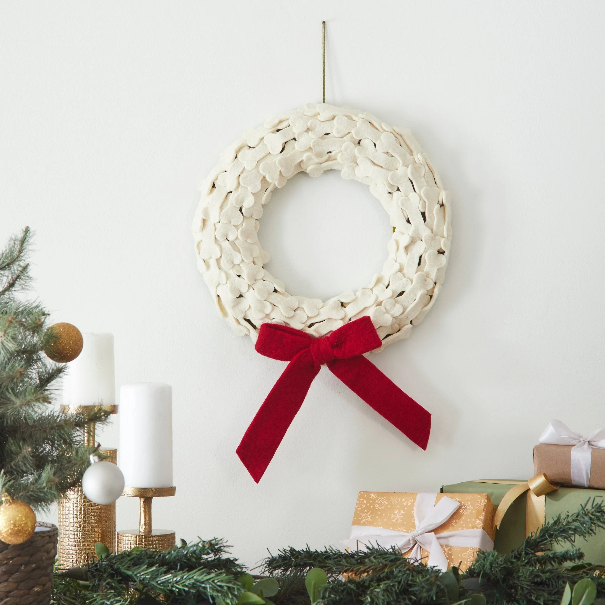 Dog Bones Red Bow Handmade Hand Felted Wool Wreath - 14" Arcadia Home - Image 4